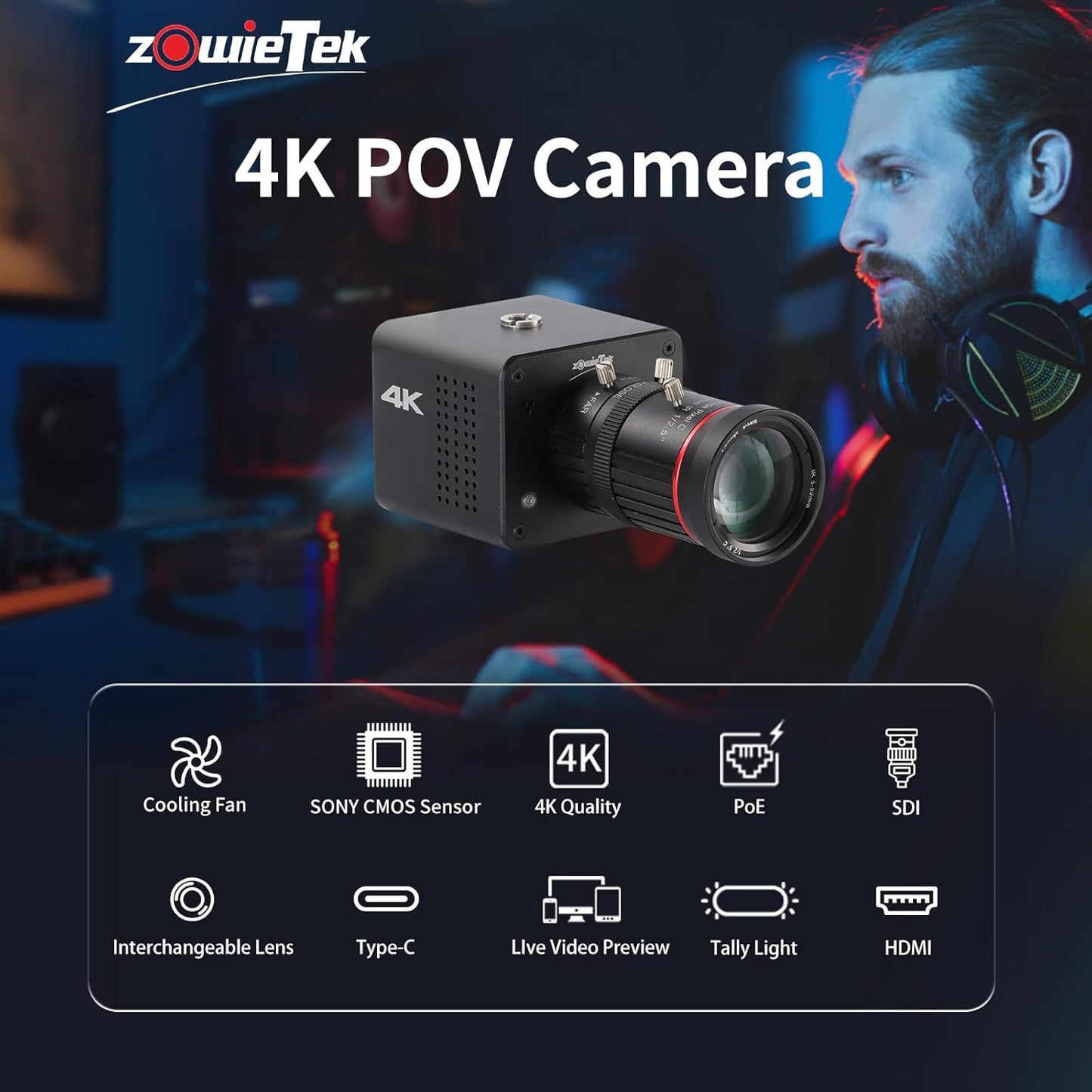 4K POV Box Camera PoE, ZowieCAM, Webcam, Simultaneously HDMI & SDI Output, RTSP/RTMP(s)/SRT, Standalone Live Streaming to YouTube/Twitch for Webcast, Meeting, Teaching & Gaming (CS)
