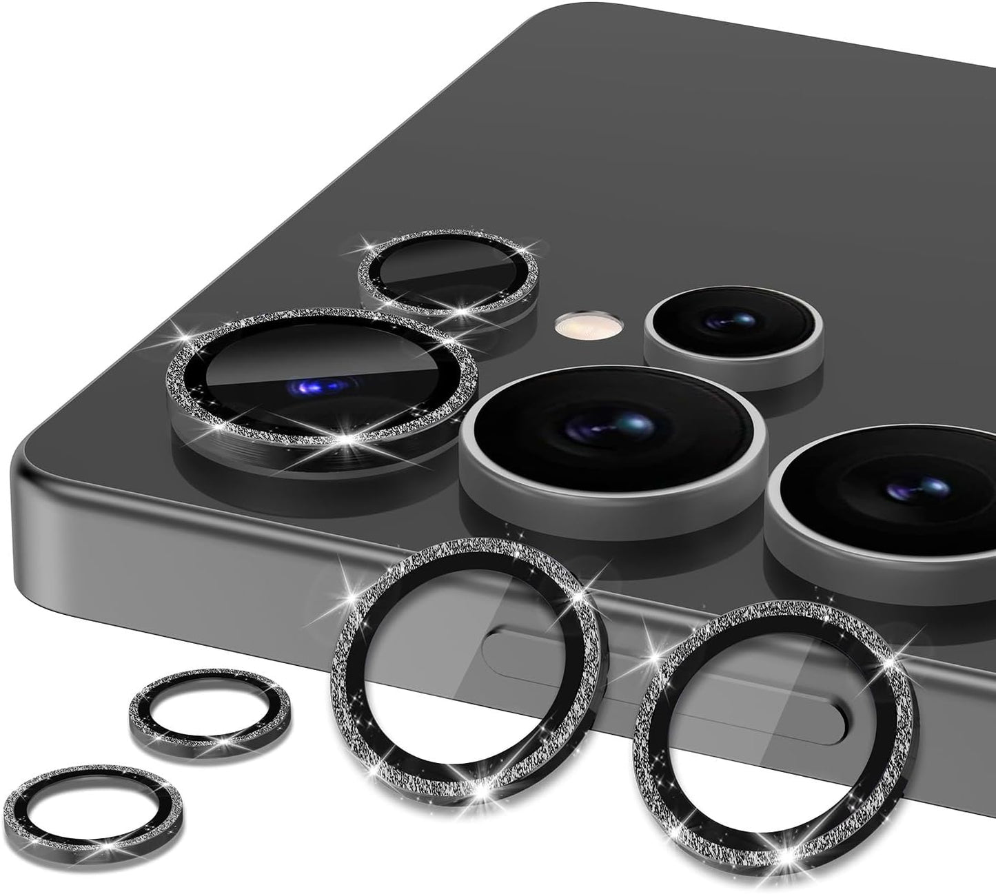 for Samsung Galaxy S25 Ultra Camera Lens Protector, Individual Metal Ring Tempered Glass Lens Cover, [Strong Adsorption] Scratch Resistant Ultra-Thin HD Clear Lens Cover, 1 Set-Black Sparkly