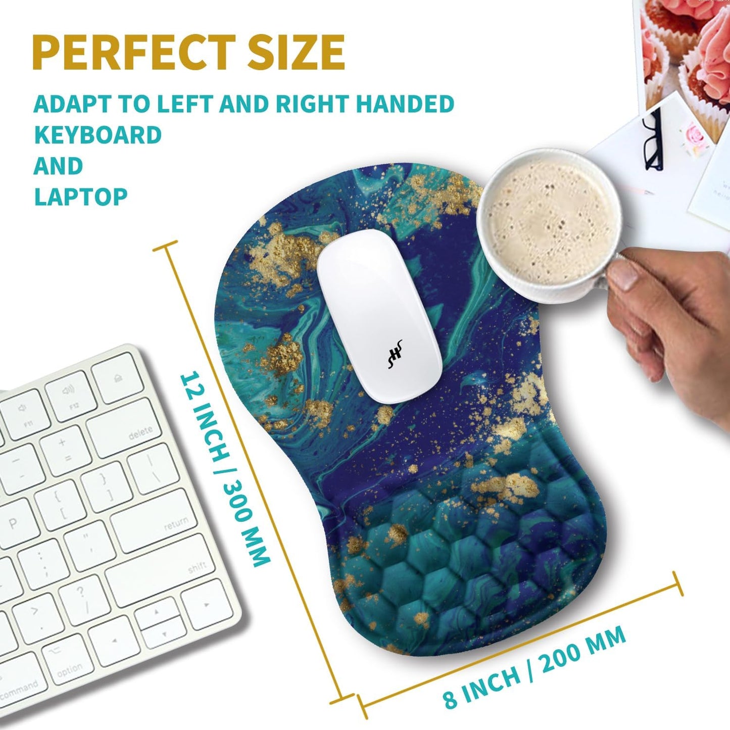 Hokafenle Ergonomic Mouse Pad Wrist Support, Wrist Rest Mousepad for Carpal Tunnel Pain Relief with Integrated Memory Foam Slope Massage Bulge (11.8x7.9 inch,Blue Gold