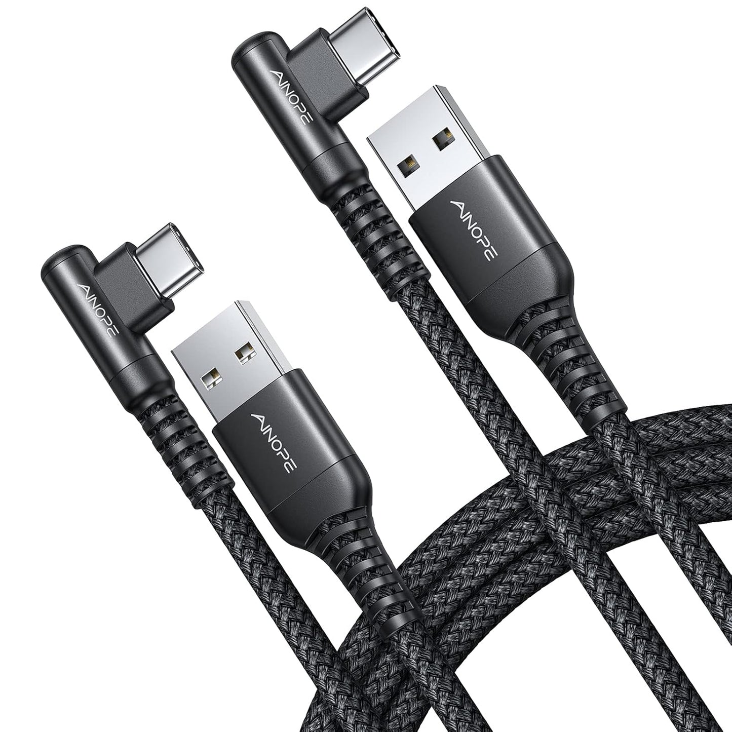 AINOPE USB C Cable Right Angle (2-Pack, 10ft+10ft) 3.1A Type C Charger Fast Charging, Resistant Nylon Braided USB A to USB C Charger Cable (Black)