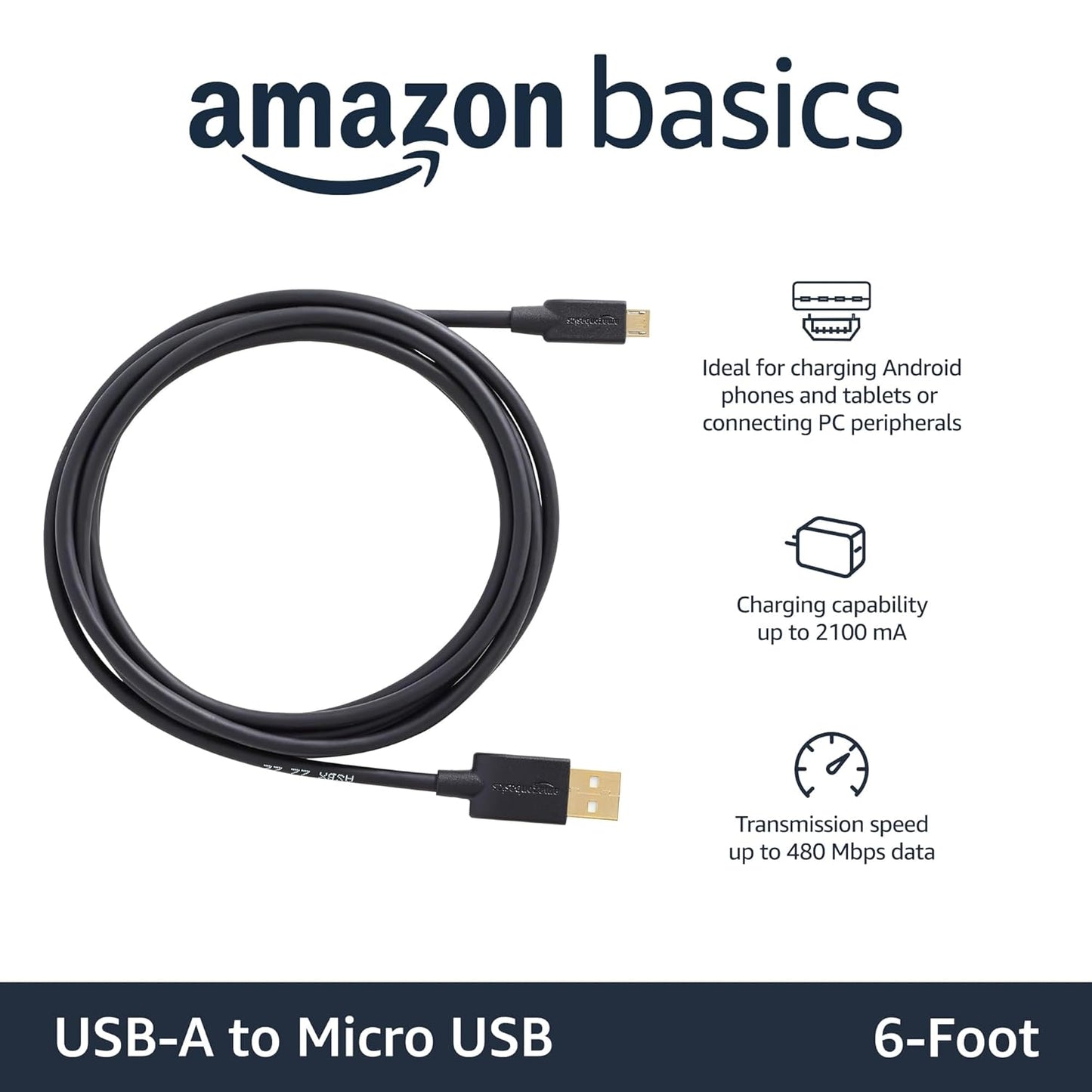Amazon Basics 2-Pack USB-A to Micro USB Charging Cable, 480Mbps Transfer Speed with Gold-Plated Plugs, USB 2.0, 6 Foot, Black