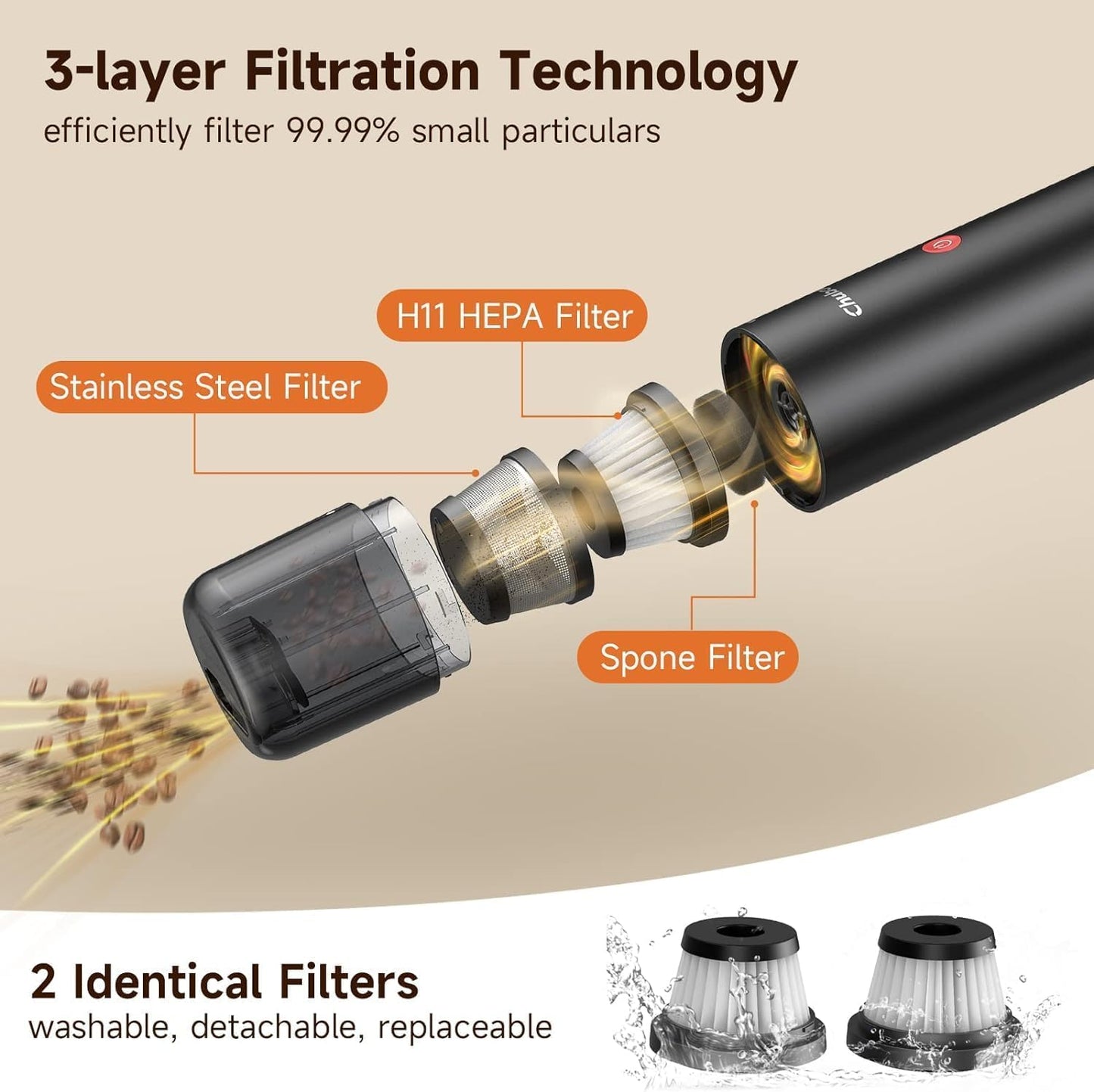 Chuboor Mini Vacuum, Powerful Cordless Rechargeable Hand Held Vacuum for Dust, Sand, Crumbs - Ultra-Light Portable for Home, Car - Black