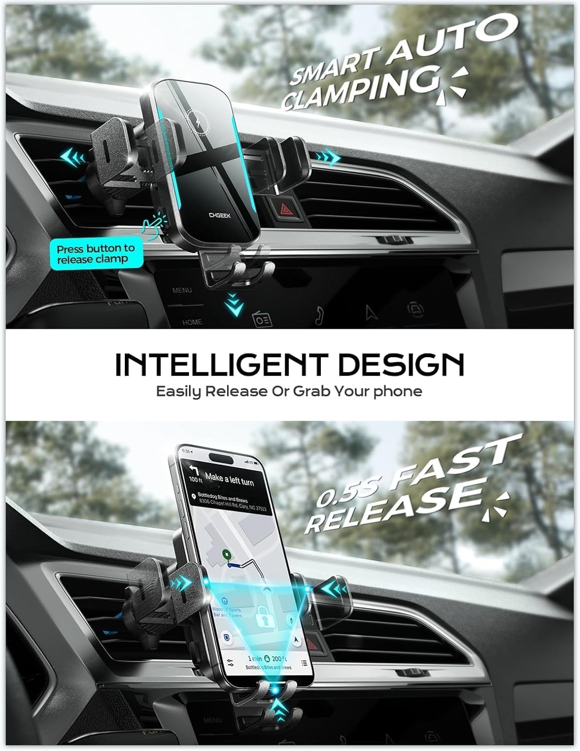 CHGeek Wireless Car Charger, 15W Fast Charging (Knight Black)