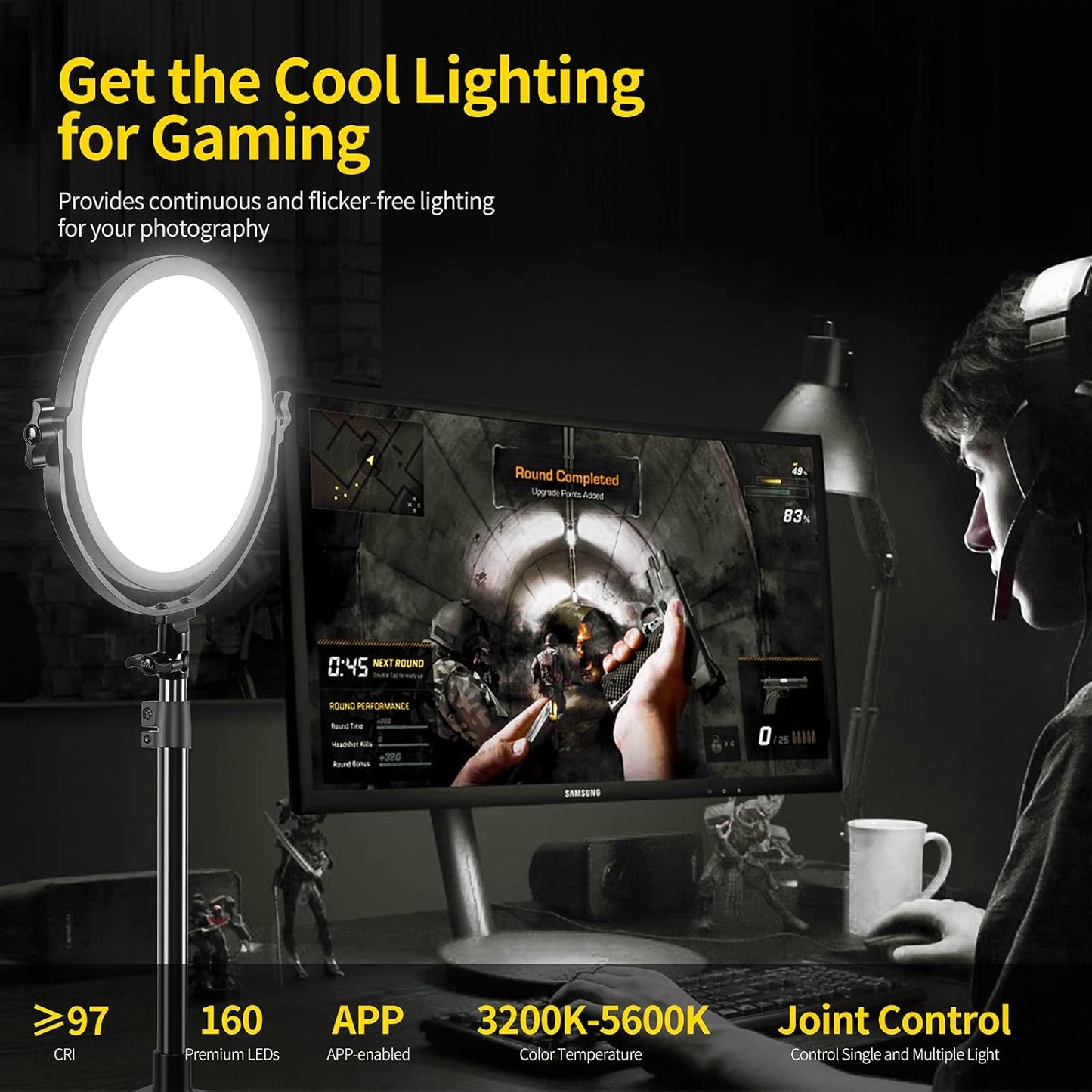 GVM Desk Mount LED Video Light, 10'' Round Key Light with Built-in Diffuser and LCD Display, Bi-Color Professional Light for Game/Studio/Streaming/YouTube Video Shooting, APP Control CRI 97+