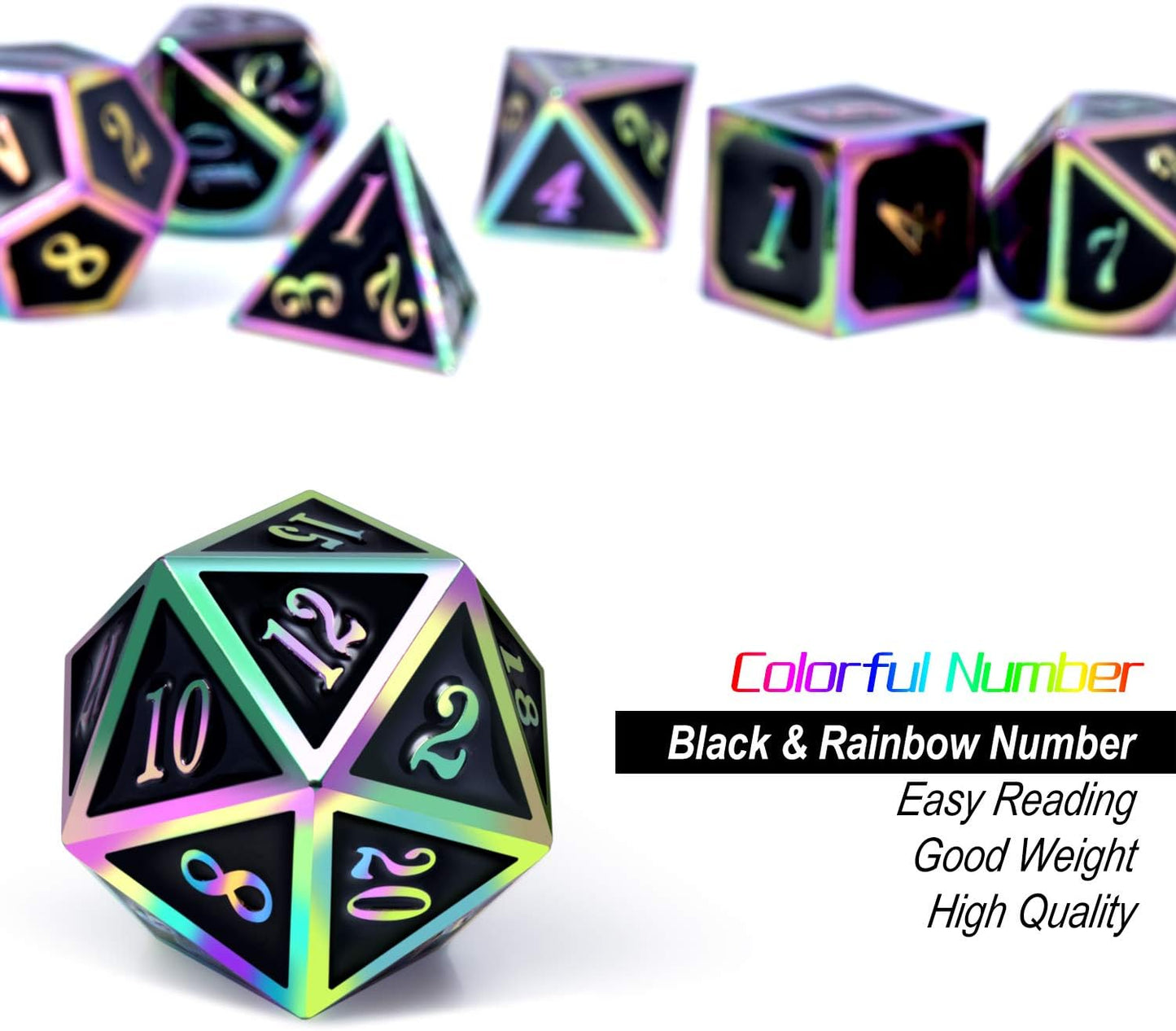 DNDND Rainbow Edge 7 Pieces Metal Dice Set DND Polyhedarl Heavy D&D Dice Set with Metal Tin for Dungeons and Dragons and Role Playing Game