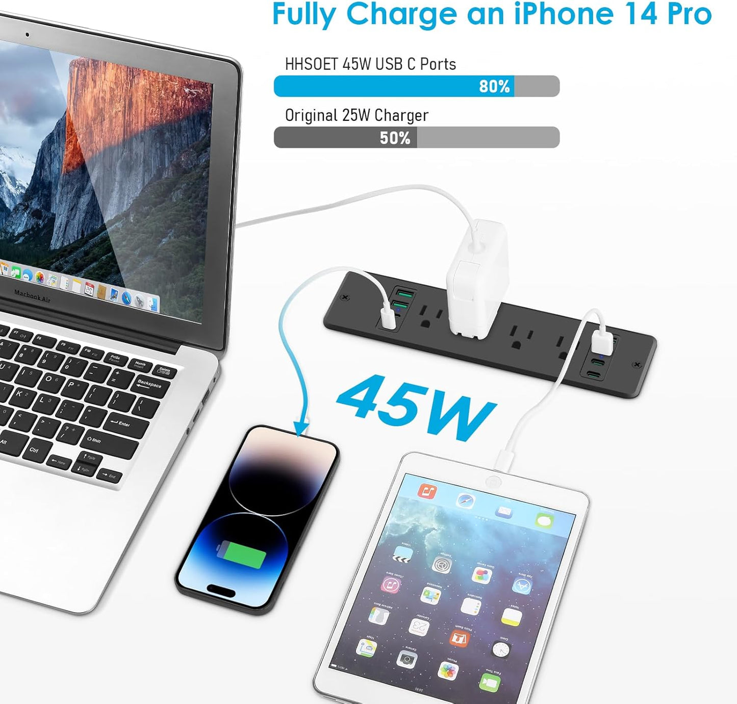 HHSOET 16 in 1 Recessed Power Strip Flat Plug, 45W Fast Charging Furniture Outlet with USB, Conference Recessed Surge Protection with 8 AC Plugs, 4 USB Ports 4 USB-C, 6ft Power Cord.(Black)