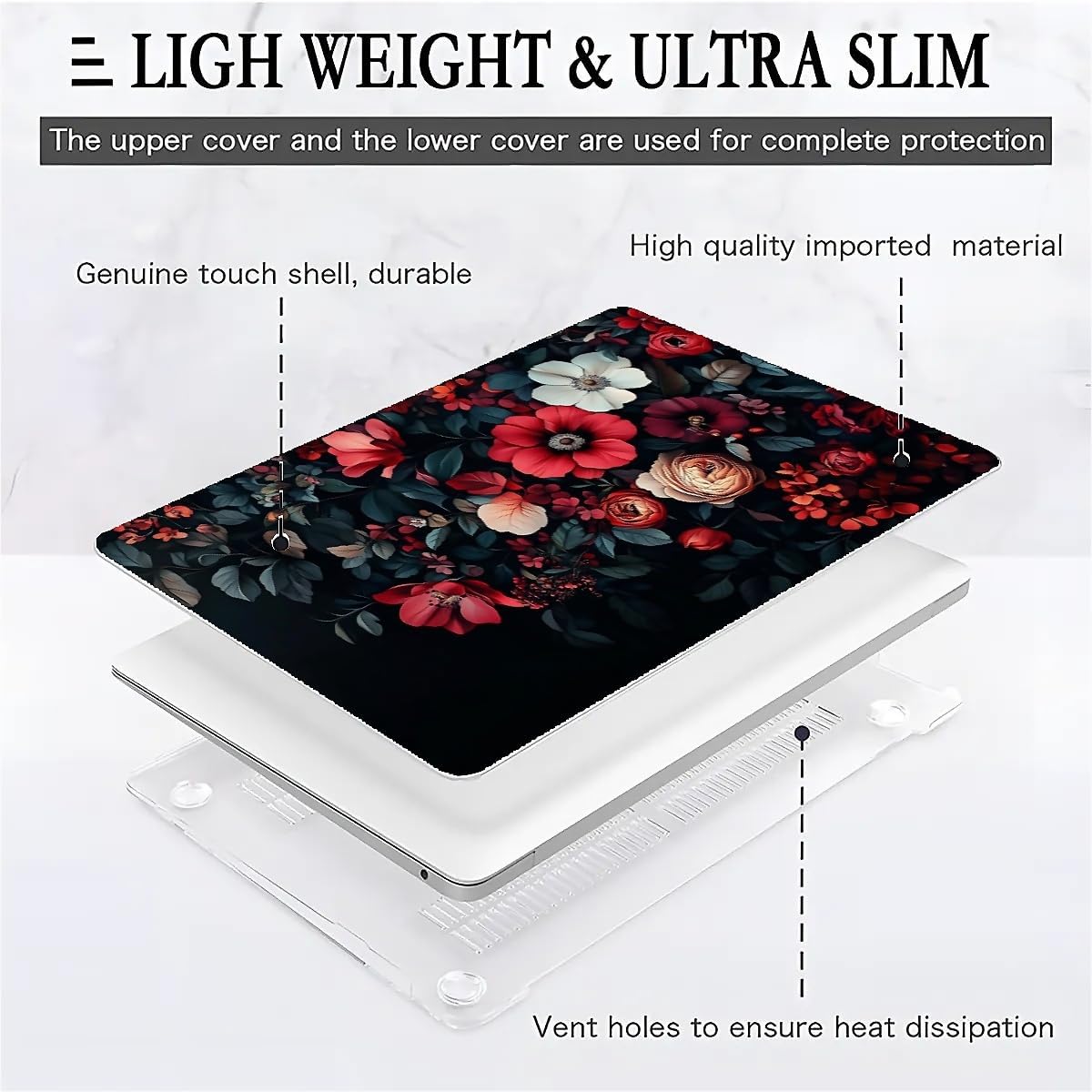 Compatible with MacBook Air 13.3 13.6 Inch Case 2022 2021 2020 2019 Plastic Hard Shell Case Cover,13.6 Air (A2681) M2 2022, Dark Floral