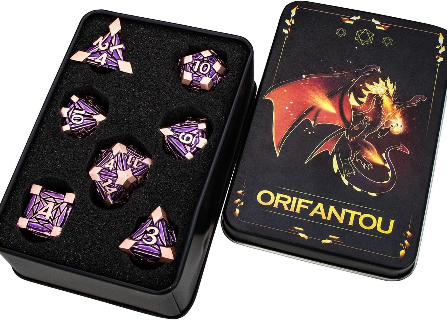 7PCS Metal DND Dice Set with Box, Debris RPG Purple D and D Dice for use with D&D Tabletop Games Role Playing Game Polyhedral Dice Set D20 D12 D10 D8 D6 D4