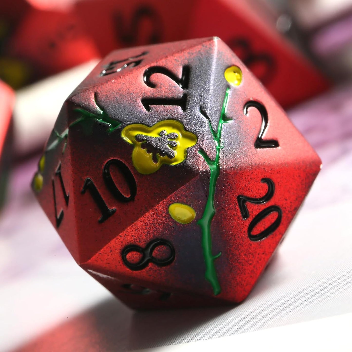 DNDND Metal Dice, 7 PCS Metallic Flowers D&D Dice with Gorgeous Gift Case for D&D Dungeons and Dragon Tabletop Game (Red and Yellow)