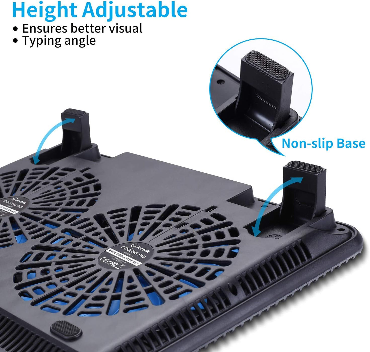 Laptop Cooling Pad, Coolertek USB Powered Laptop Cooler, 2 Blue Silent Big Fans, Height Adjustable Non-Slip Laptop Stand with Dual USB 2.0 Ports, Fits 11-17Inch Notebook - Gray (N2)