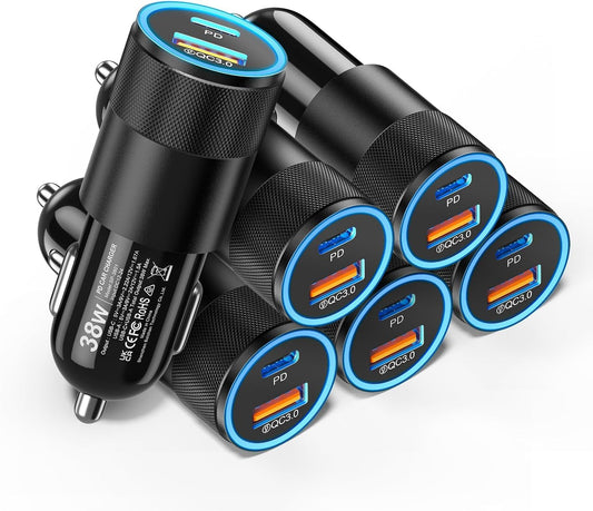 6 Pack USB C Car Charger, Ancekoy 38W Dual USB-C + USB-A Car Charger Adapter Fast Charge PD/QC 3.0 Cigarette Lighter Adapter USB Charger Plug for iPhone 16/15/14/13/12/11/Pro Max, iPad, Samsung,Pixel