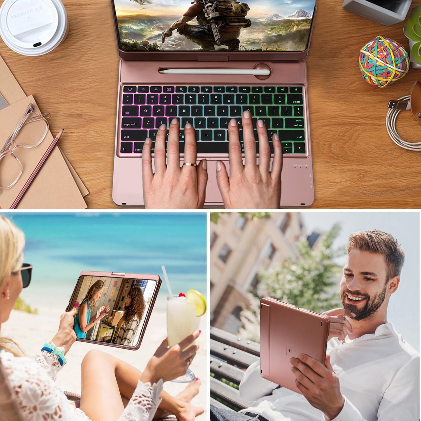 Keyboard Case for iPad Pro 12.9 inch 6th Generation 2022 5th 2021/4th 2020/3rd 2018 Gen,360 Rotatable Wireless Folio 180 Swivel Stand Hard Cover Rose Gold