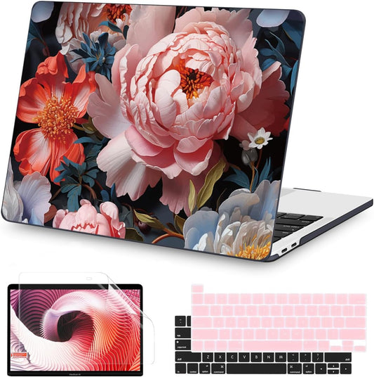 Teryeefi Compatible with M2 M1 MacBook Pro 13 inch Case Touch Bar A2338 A2251 A2289 A2159 A1989 A1706 A1708 (Release 2016-2022),Protective Slim Cover+Keyboard Cover-Colorful Peonies