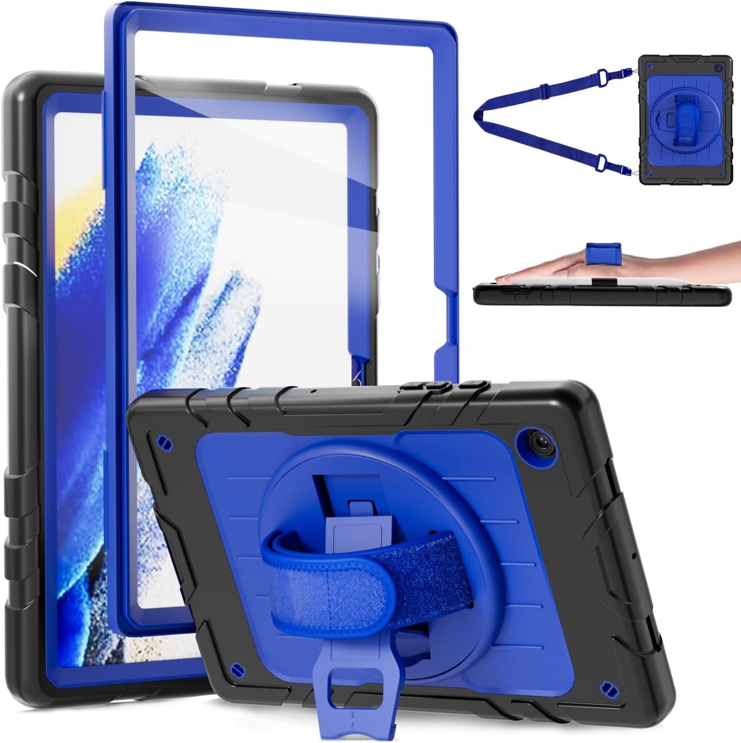 for Samsung Galaxy Tablet A8 Case 10.5 inch 2022 SM-X200/X205/X207 with Screen Protector [360 Rotating Stand] &Hand Shoulder Strap Shockproof Rugged Protective Cover|Black&Blue
