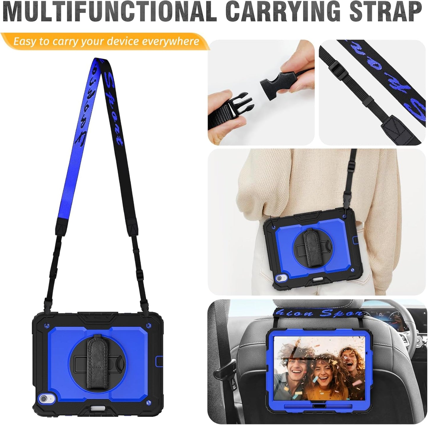 HXCASEAC Case for iPad Air 11 inch (2025 M3 / 2024 M2), Shockproof Design with Pencil Holder/Screen Protector/Rotating Hand Strap, Protective Cover for iPad Air 7th/6th Generation - Blue