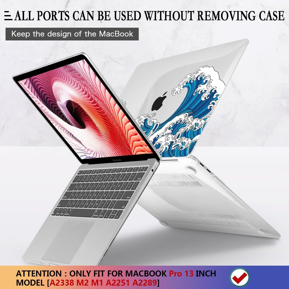 CISSOOK Wave Case for MacBook Pro 13 inch Case 2025-2020 Release, Ocean Hard Shell Cover for MacBook Pro 13 with Touch Bar M2 Chip A2338 M1 A2251 A2289 with Keyboard Cover +Screen Protector