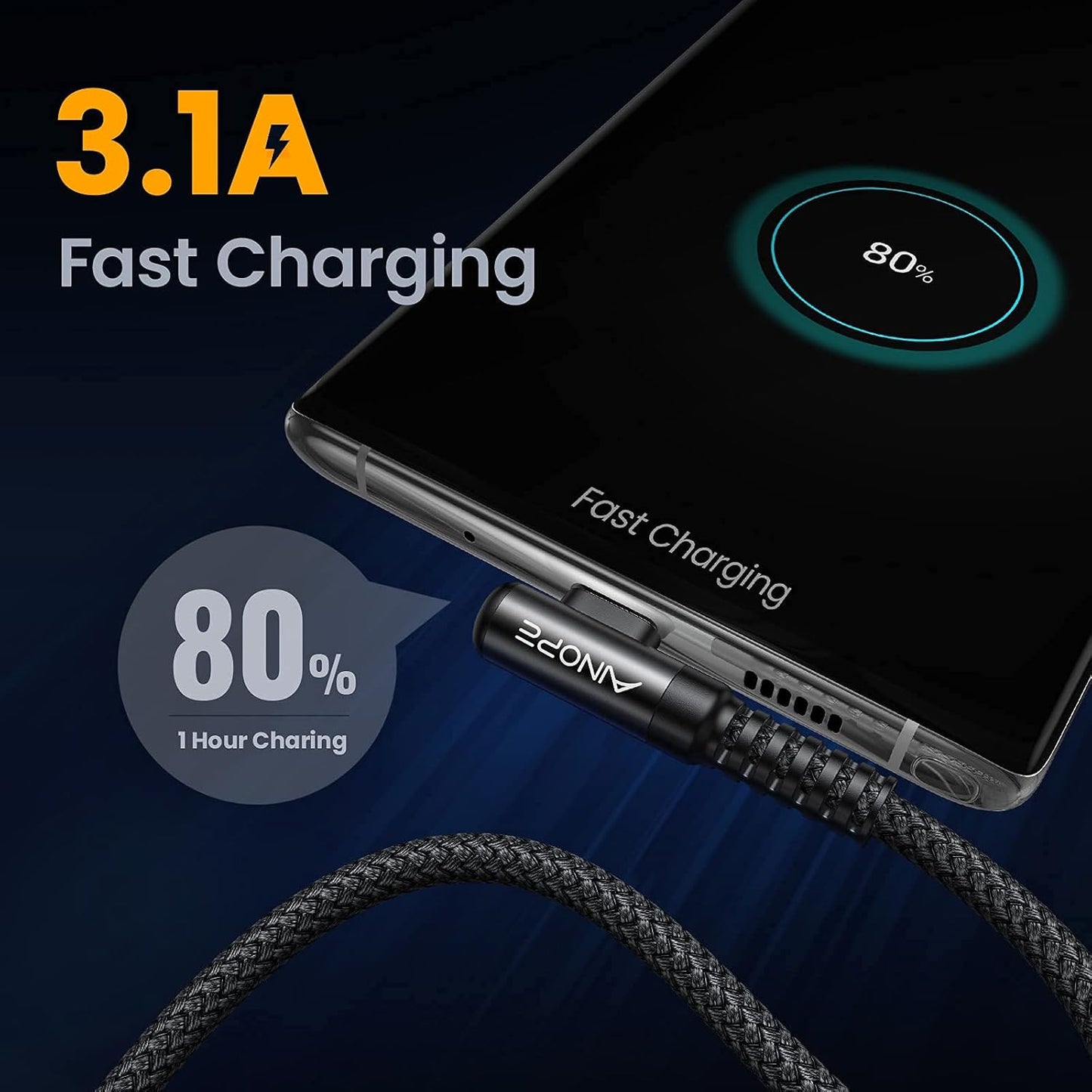 AINOPE USB C Cable Right Angle (2-Pack, 10ft+10ft) 3.1A Type C Charger Fast Charging, Resistant Nylon Braided USB A to USB C Charger Cable (Black)