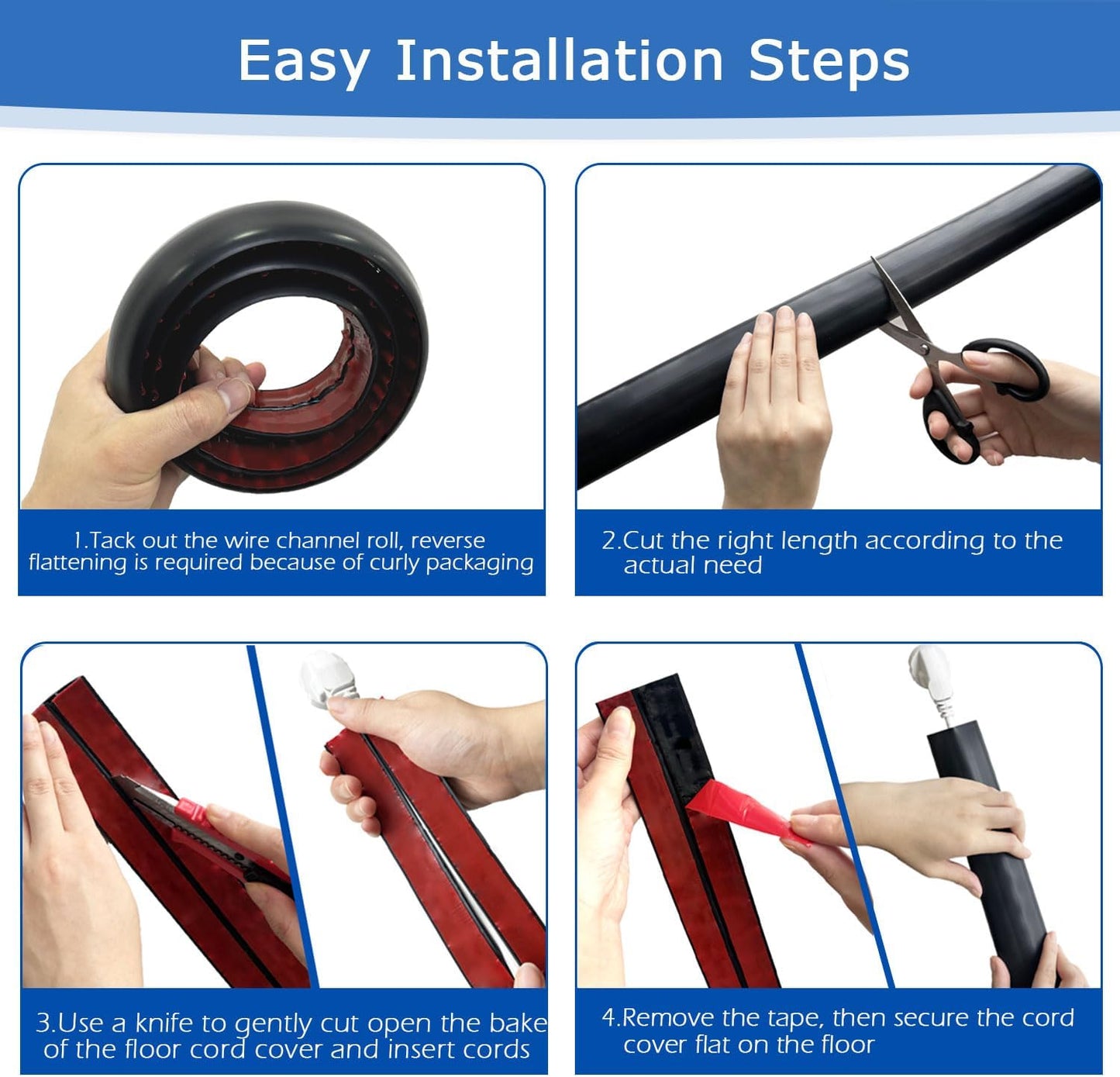 6ft Floor Cord Cover,Cord Hider Floor Black,Extension Cable Cover Power Cord Protector Floor,Floor Cable Management Prevent Cable Trips,Cord Protector Cord Cavity:0.47" (W) x 0.24" (H)