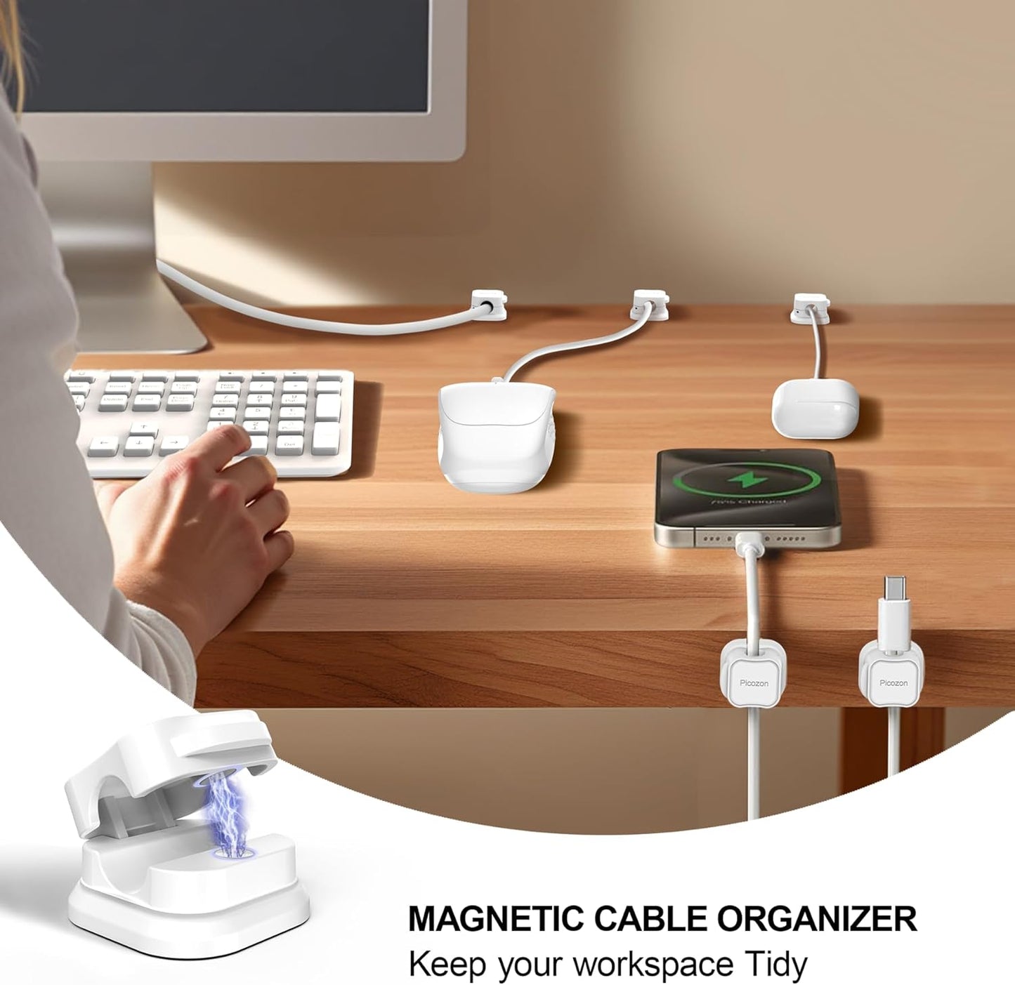 15 Pack Magnetic Cable Clip Organizer Cord Holder, Picozon Adhesive Cable Management, Wire Phone USB Charger Cable Holder, Keeper Organizer for Office Home Desktop Table - White