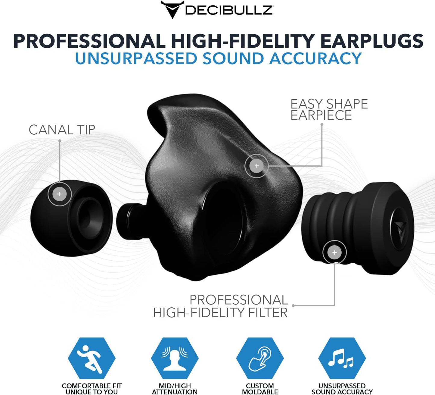Decibullz Professional Moldable Earplugs, Noise Cancelling Earplugs, Concert Ear Plugs, Perfect for Musicians, Recording Artists, DJ's, and Festivals