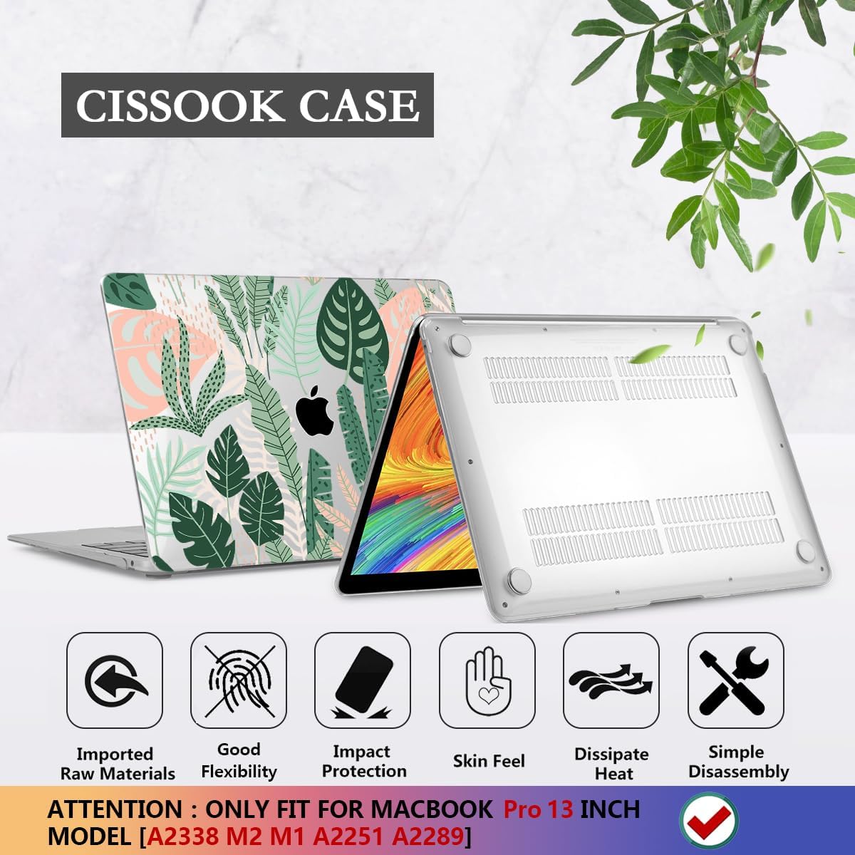 CISSOOK Palm for MacBook Pro 13 inch Case 2025-2020 Release M2 Chip A2338 M1 A2251 A2289 with Touch Bar, Tropical Hard Shell Case with Keyboard Cover for MacBook Pro 13, Tropical Palm Leaves