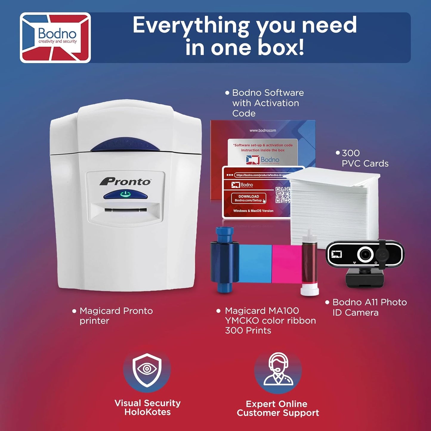 Bodno Magicard Pronto ID Card Printer & Super Supplies Package ID Software, Camera, 300 Cards and 300 Print Ribbon - Silver Edition