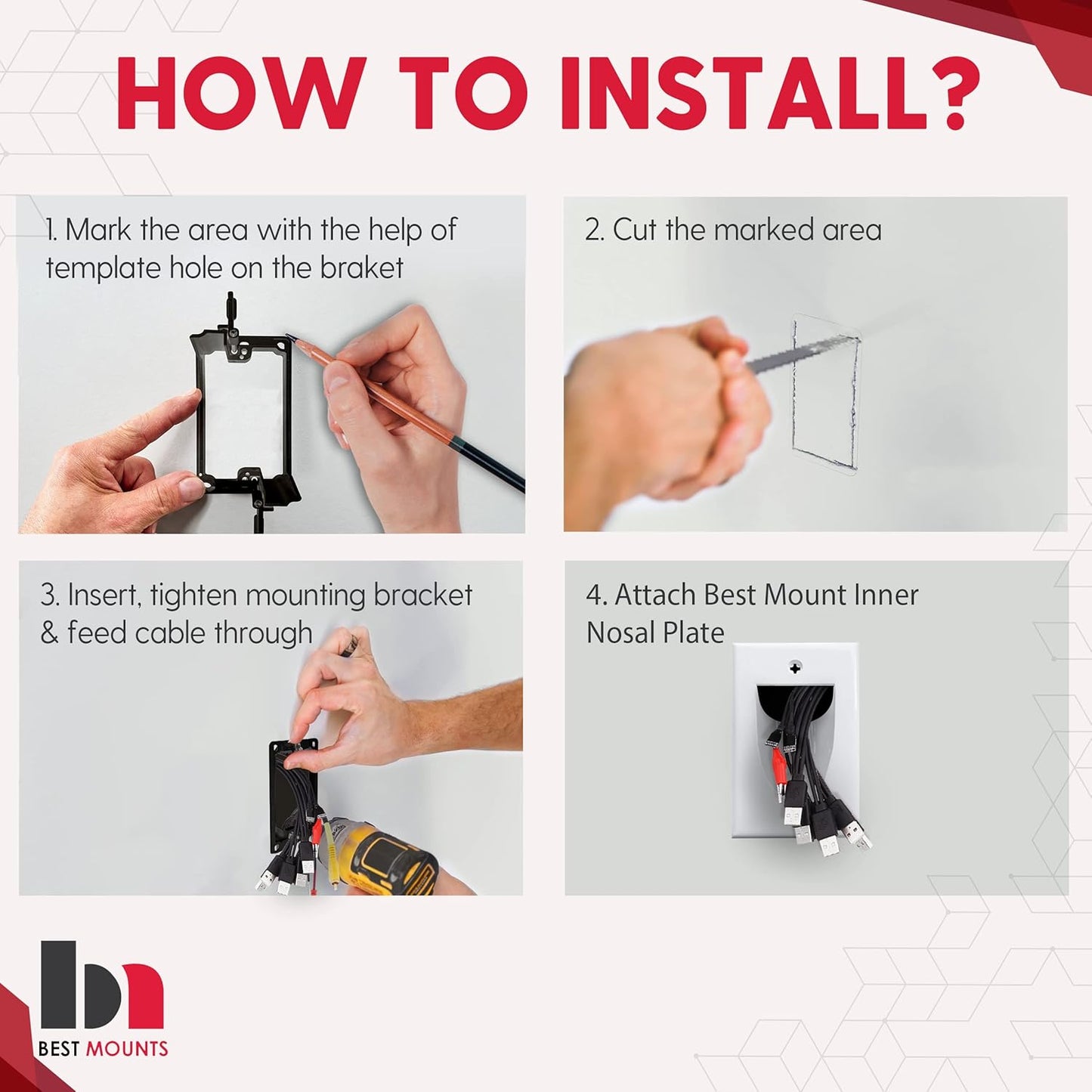 BestMounts - 4 Pack Inner Nose Behind Wall Cable Management TV Cord Hider for Wall Mounted TV - Single Gang Low Voltage Recessed Wall Plates Cable Pass Through for Wires, HDTV, HDMI (White)