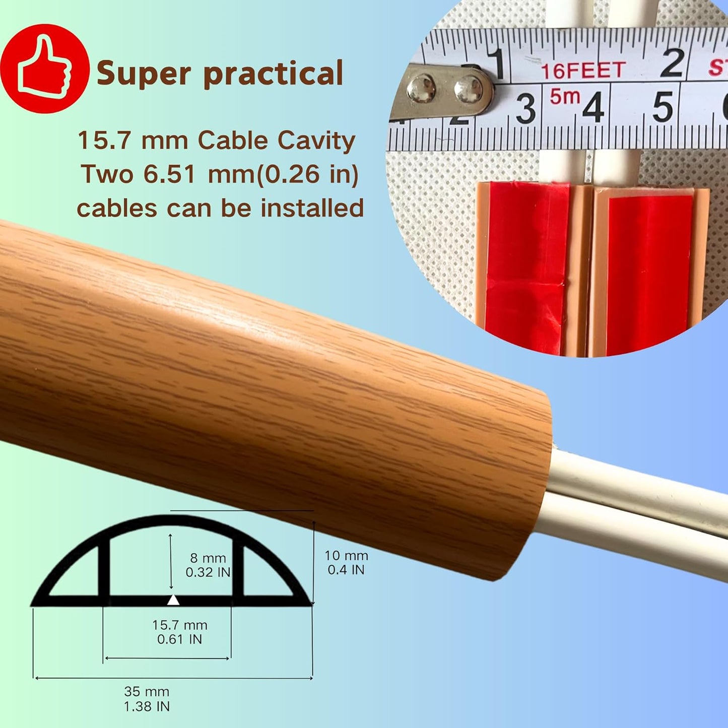10ft Self Adhesive Floor Cord Cover,Cable Cavity:0.61"(W) x 0.32"(H),Heavy Duty Soft PVC Cable Protector and Extension Cord Hider,Cord Management System to Hide Wires on Floor,Yellow Wood