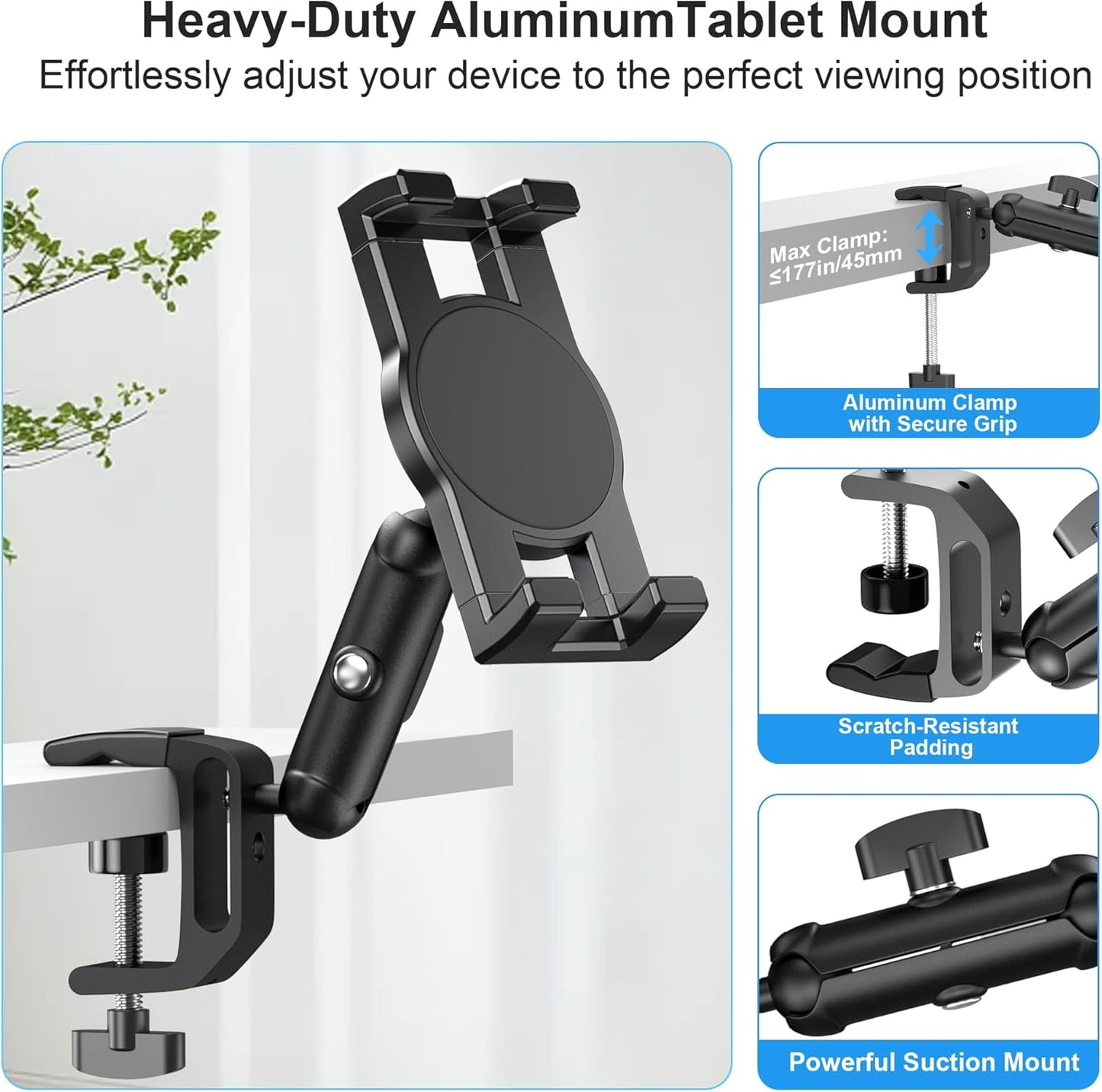 iPad Under Cabinet Mount, Kitchen Tablet Mount Holder, iPad Desk Mount w/Clamp, Aluminum Base&Metal Arm, 360° Rotation, Compatible with 4.7"-12.9" iPad Pro/Air/Mini/Kindles/Galaxy Tab/Phones
