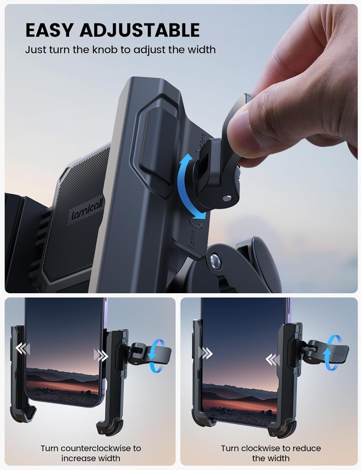Lamicall Motorcycle Phone Mount Holder - [Camera Friendly] [1s Lock] Bike Phone Holder Handlebar Clamp, Bicycle Scooter Phone Clip, for iPhone 16 Pro Max, 15 14 13, Galaxy S25 Ultra, 4.7-7" Phones