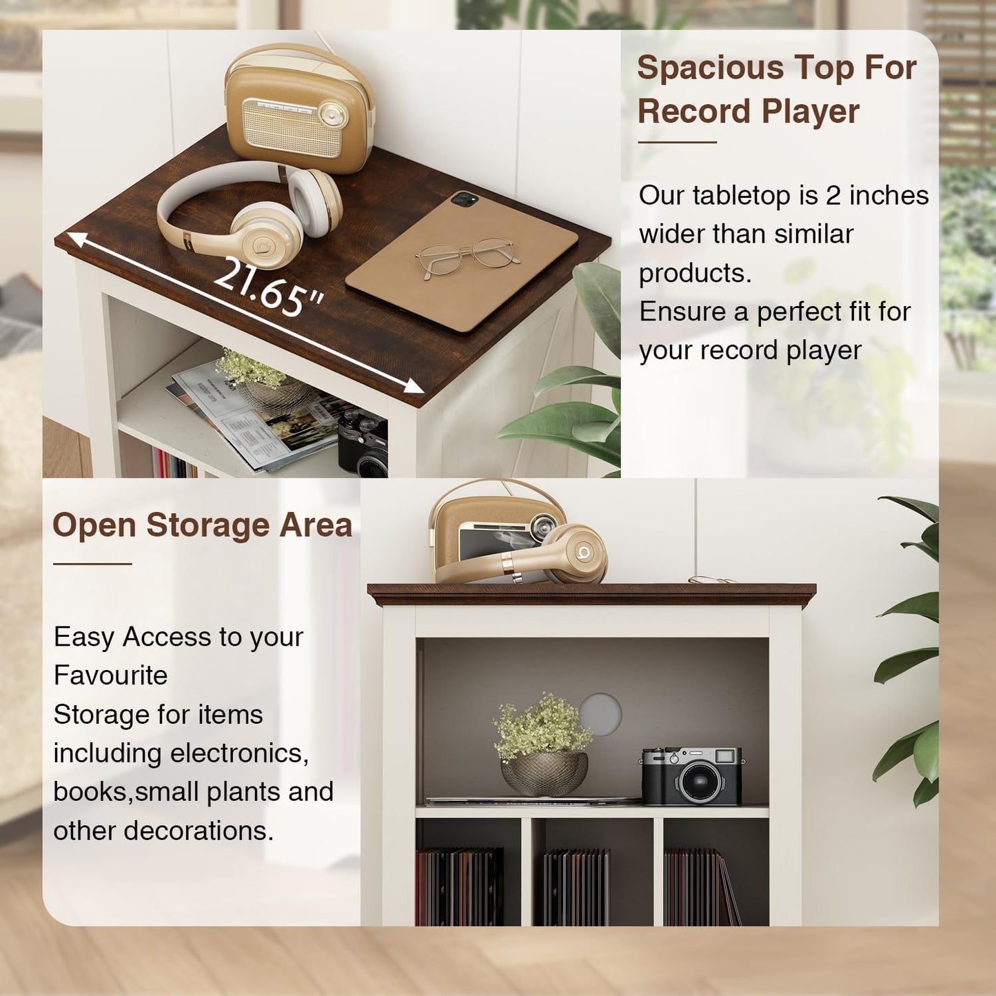 Farmhouse Record Player Stand, 3 Tier End Table, Turntable Stand with Vinyl Record Storage, Wood Record Holder Cabinet Dispaly Shelf for Living Room,Bedroom,Office,Antique White