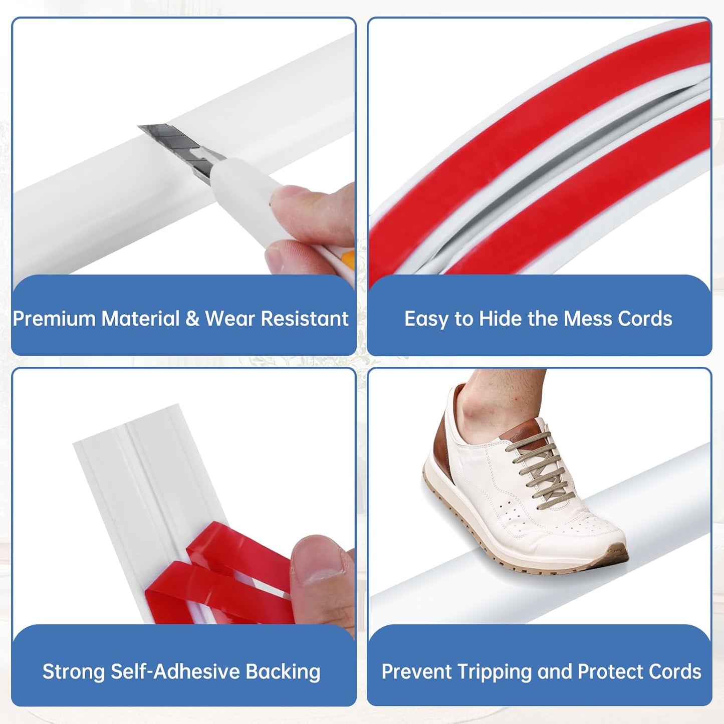 Floor Cord Cover Self Adhesive Cord Hider Floor Extension Cord Covers for Floor Power Cord Protector Cable Management Prevent Cable Trips Cable Cavity 0.59" W x 0.31" H (White, 3.3Ft)