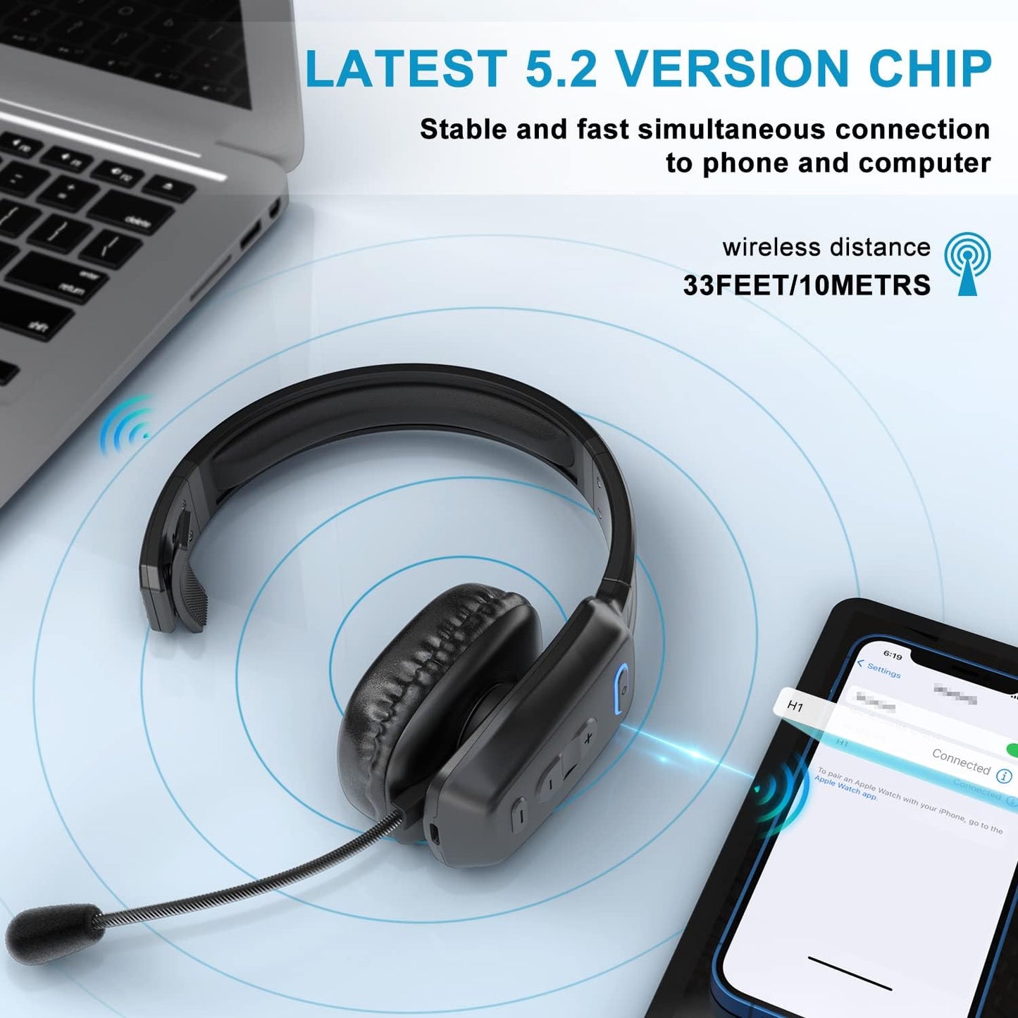 Bluetooth Headset, 60hrs Noise Canceling V5.2 Over Head Headphones, Single Ear Trucker Wireless Headset with Mic, Mute Button, Multipoint, for Phones PC Computer Truck Driver Office Work - Black