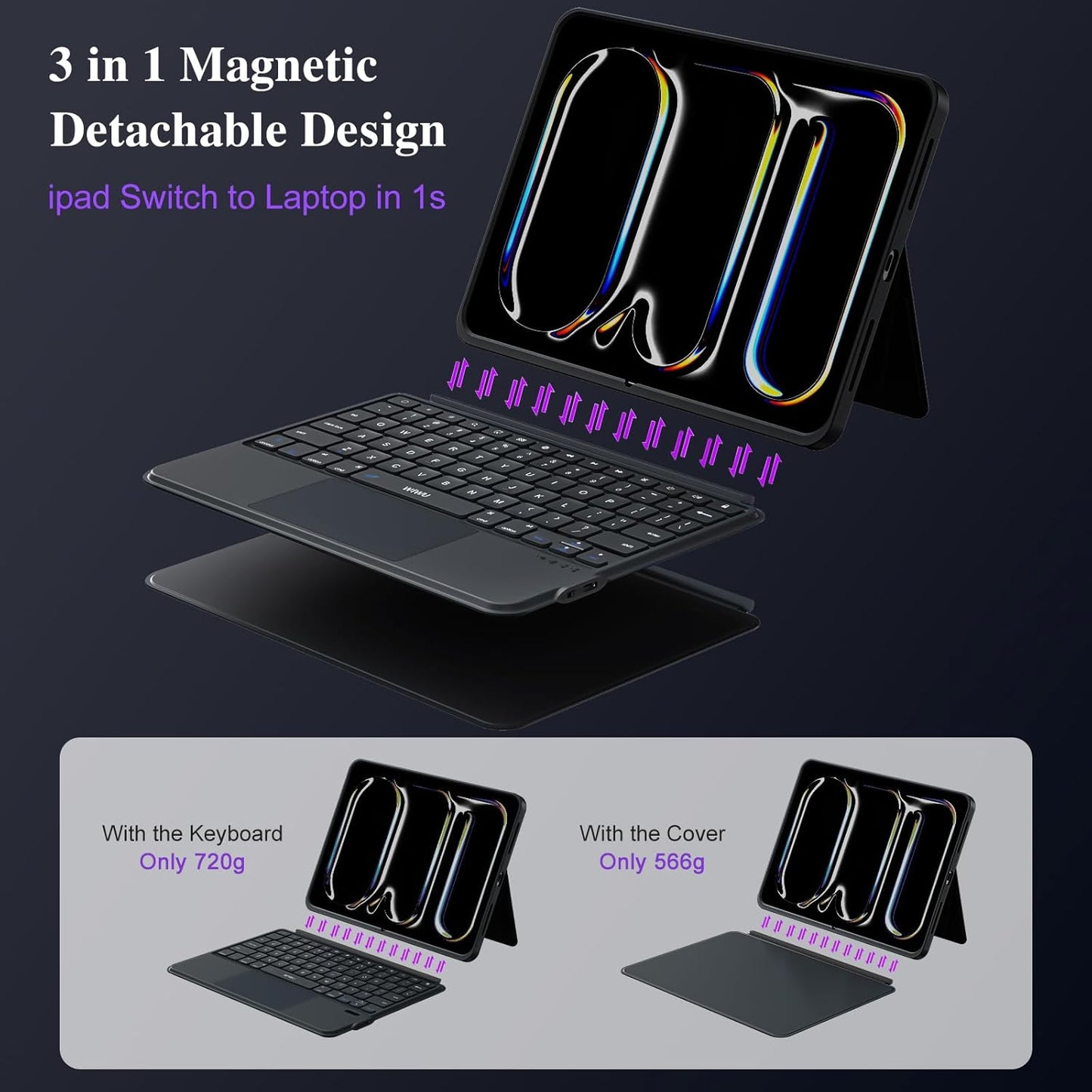 iPad Pro 13 inch Case with Keyboard (M4 2024), Flex Magnetic Detachable Backlit Keyboard for iPad Pro 13, Larger Multi-Trackpad, Landscape/Portrait, 160° Adjustable Stand, Slim Protective Case (Black)