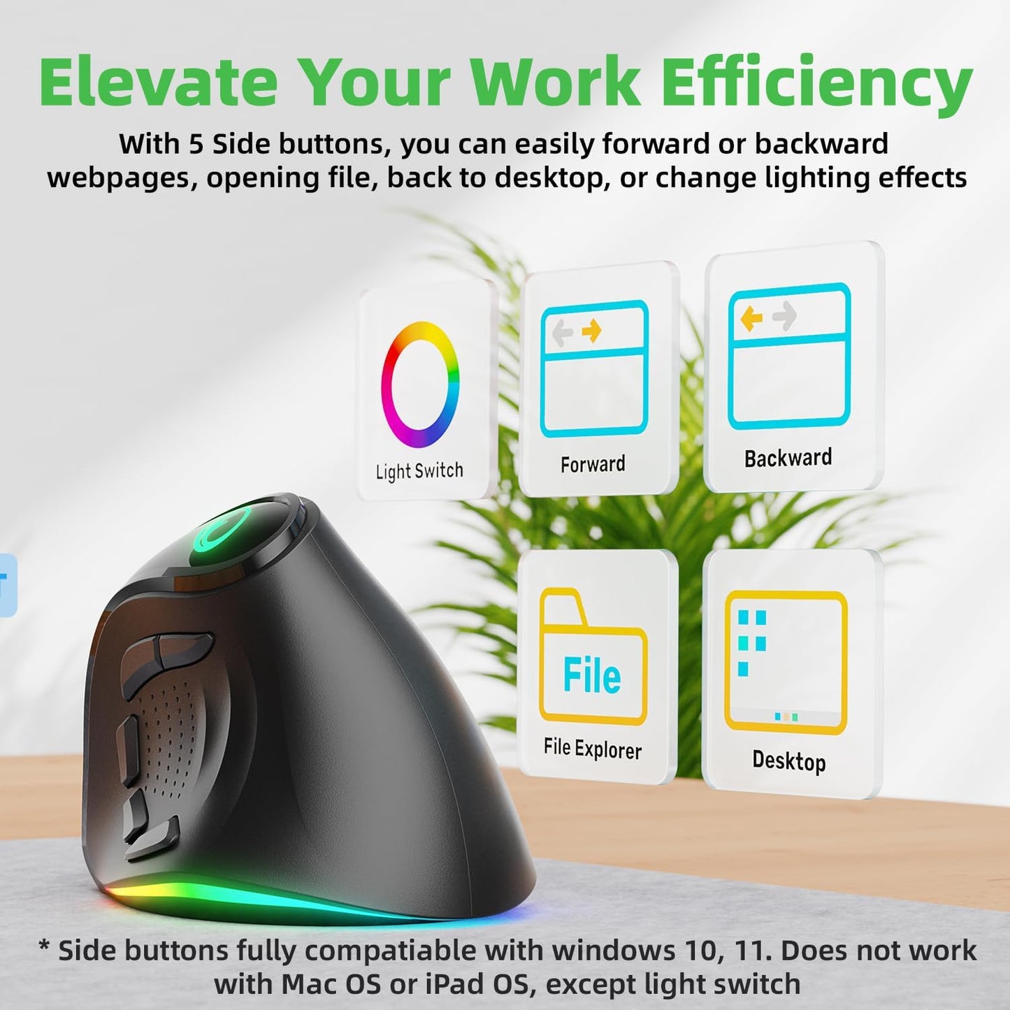 2.4G / BT/Wired Tri-Mode RGB Rechargeable G53 Wireless Vertical Ergonomic Mouse, 5 Side Buttons, Max 8400 DPI, for PC Computer Notebook Laptop, for Windows 11 10, Mac, iPad OS, Android - Black