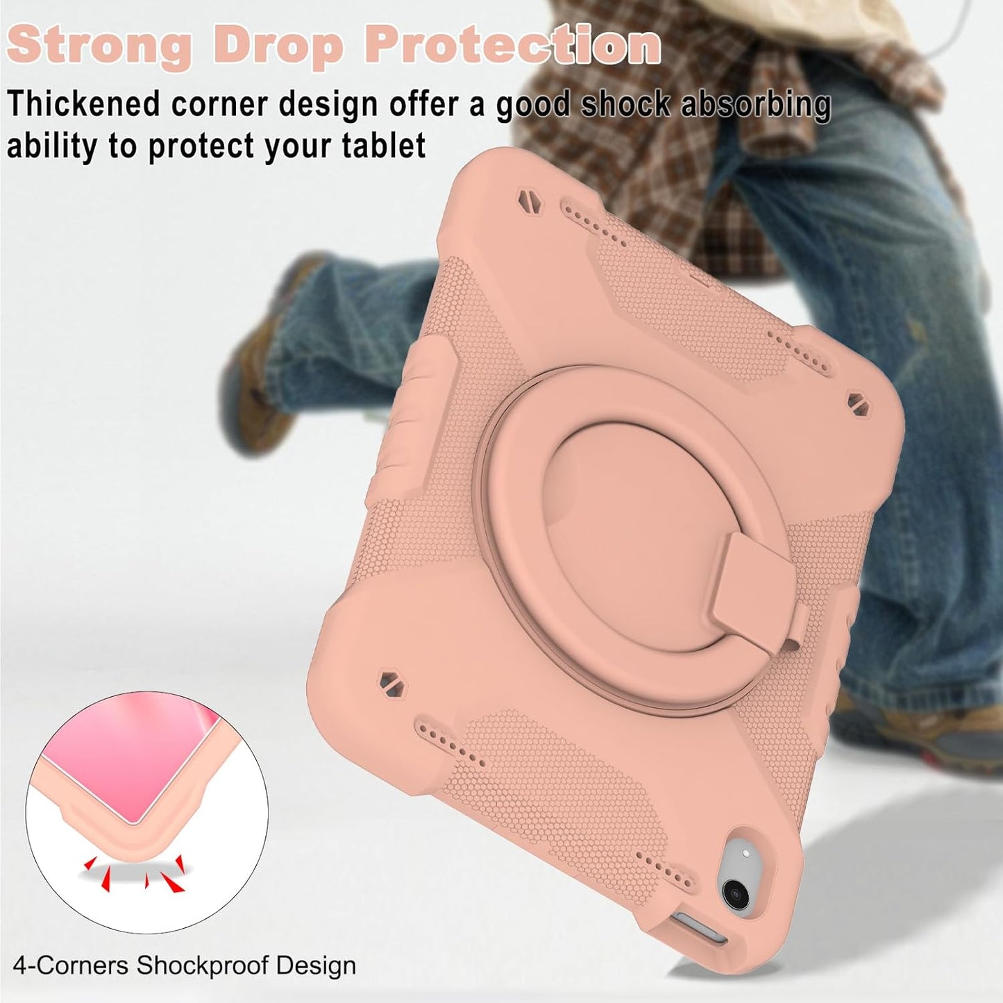 Case for iPad (A16) 11th Generation 11 inch 2025/10th Generation 10.9 inch 2022, Heavy Duty Shockproof Kids Protection Cover with Pencil Holder/360° Rotating Stand/Handle/Shoulder Strap, Rose Gold