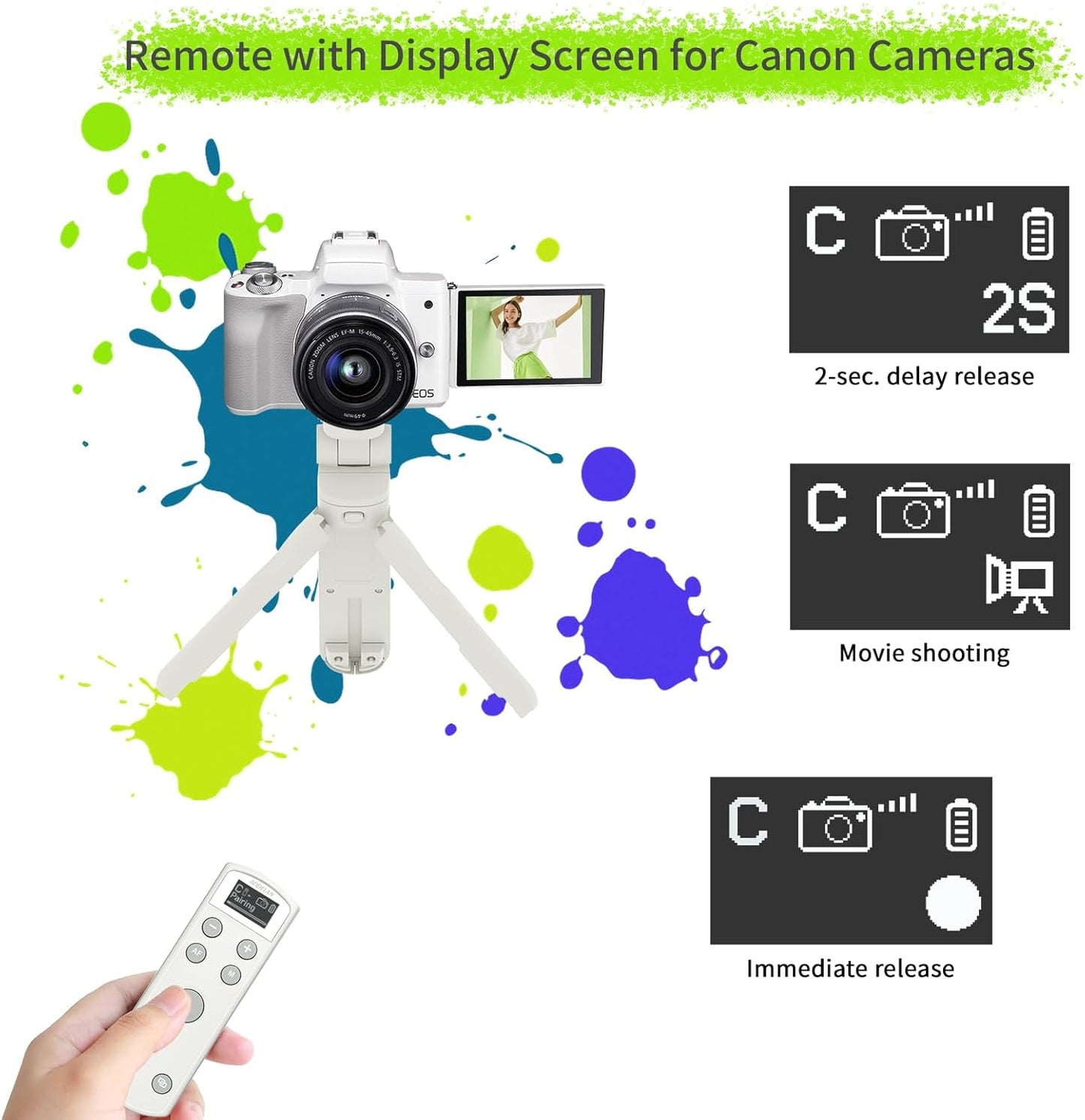 Remote Control for Canon Camera,Rechargeable Wireless Shutter Release with OLED Screen for Canon EOS RP, EOS R, R5, R6, M50, M50 II, 6D Mark II, 77D, 850D, 800D, Rebel T7i, T8i; Replaces BR-E1 (white)