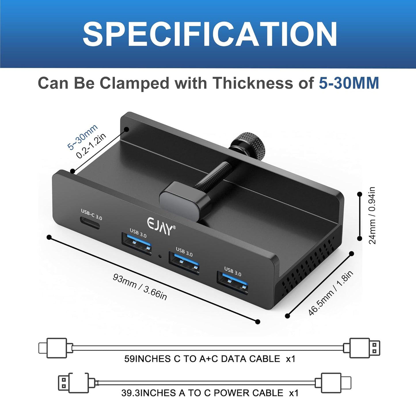 EJAY Mountable 4Ports USB3.0 HUB Alu Desktop Clamp Type C USB3.0 Splitter for Desk/Monitors with Extra Power Supply Port,59inches Data & 39inches Power Cables-5Gbps(3A1C) (JK-3A1C-BK)