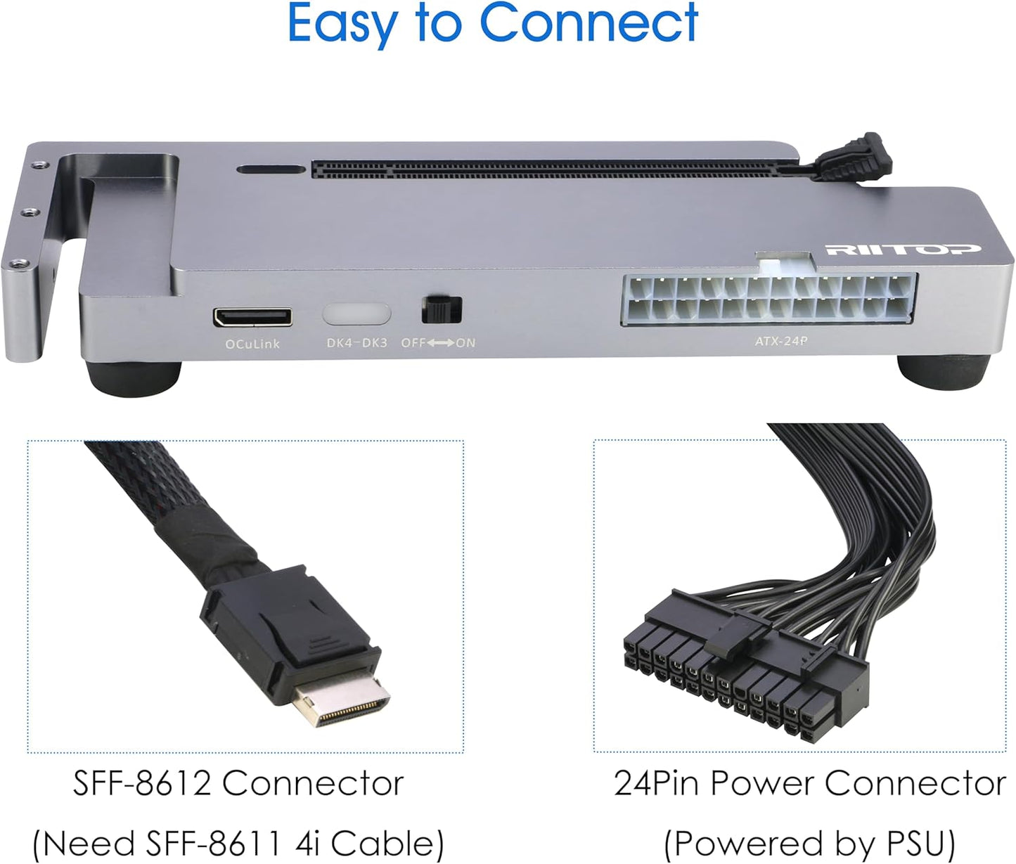 RIITOP OCuLink eGPU Dock 64Gpbs Oculink SFF-8612 External GPU Enclosure for PCIe 4.0 x16 Graphics Cards