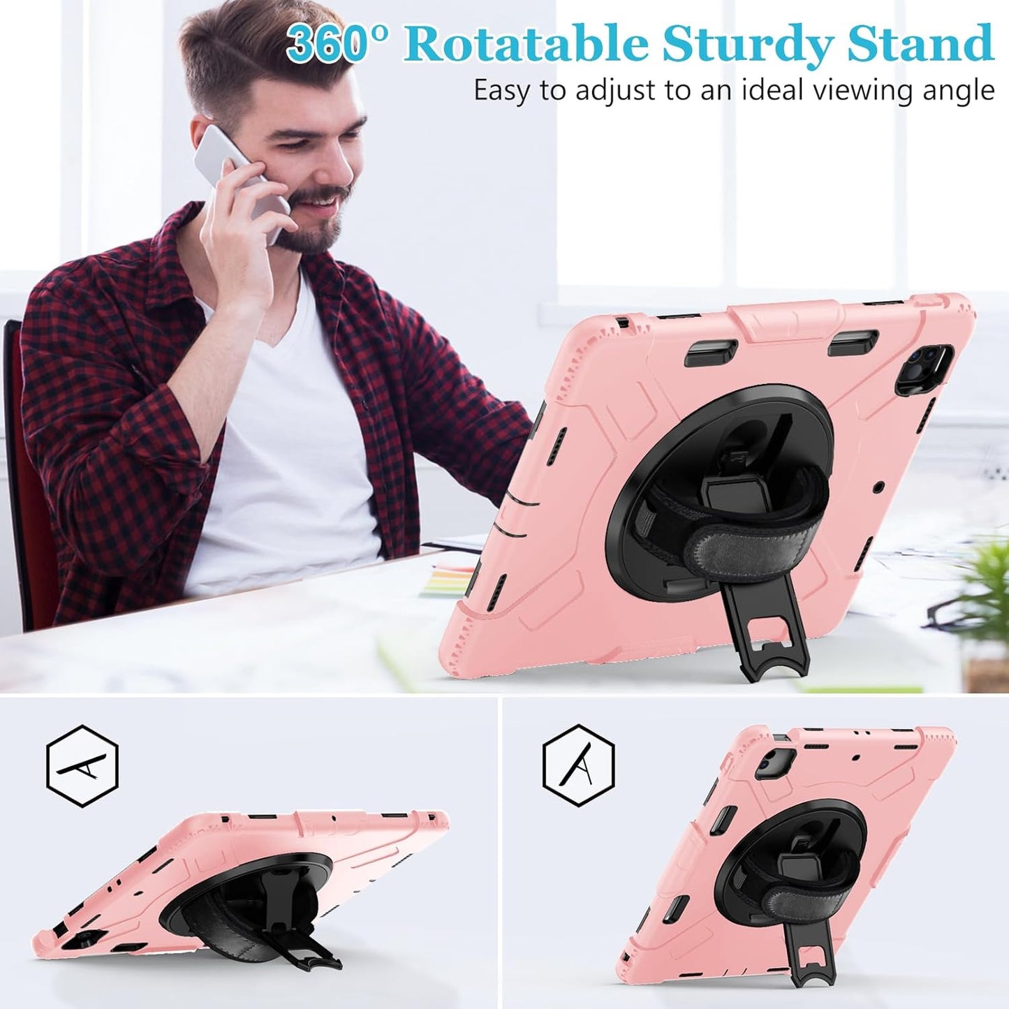 Case for iPad Pro 12.9 2022/2021/ 2020/2018: Cover for iPad Pro 12.9 6th/ 5th/ 4th/ 3rd Generation with Screen Protector- Stand- Pencil Holder- Handle- Shoulder Strap Pink