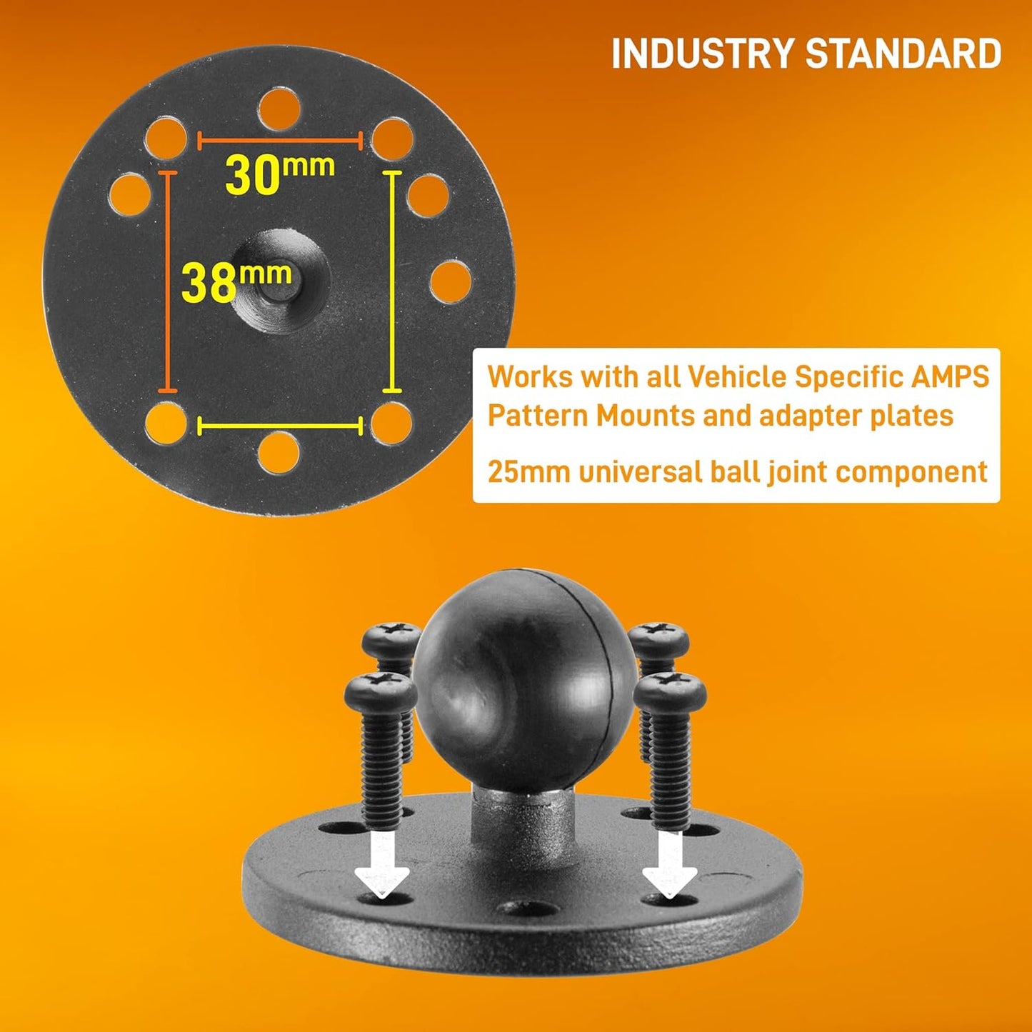 iBolt 25mm / 1 inch Metal AMPS Round Adapter Plate for Industry Standard Dual Ball Socket mounting arms, 22209