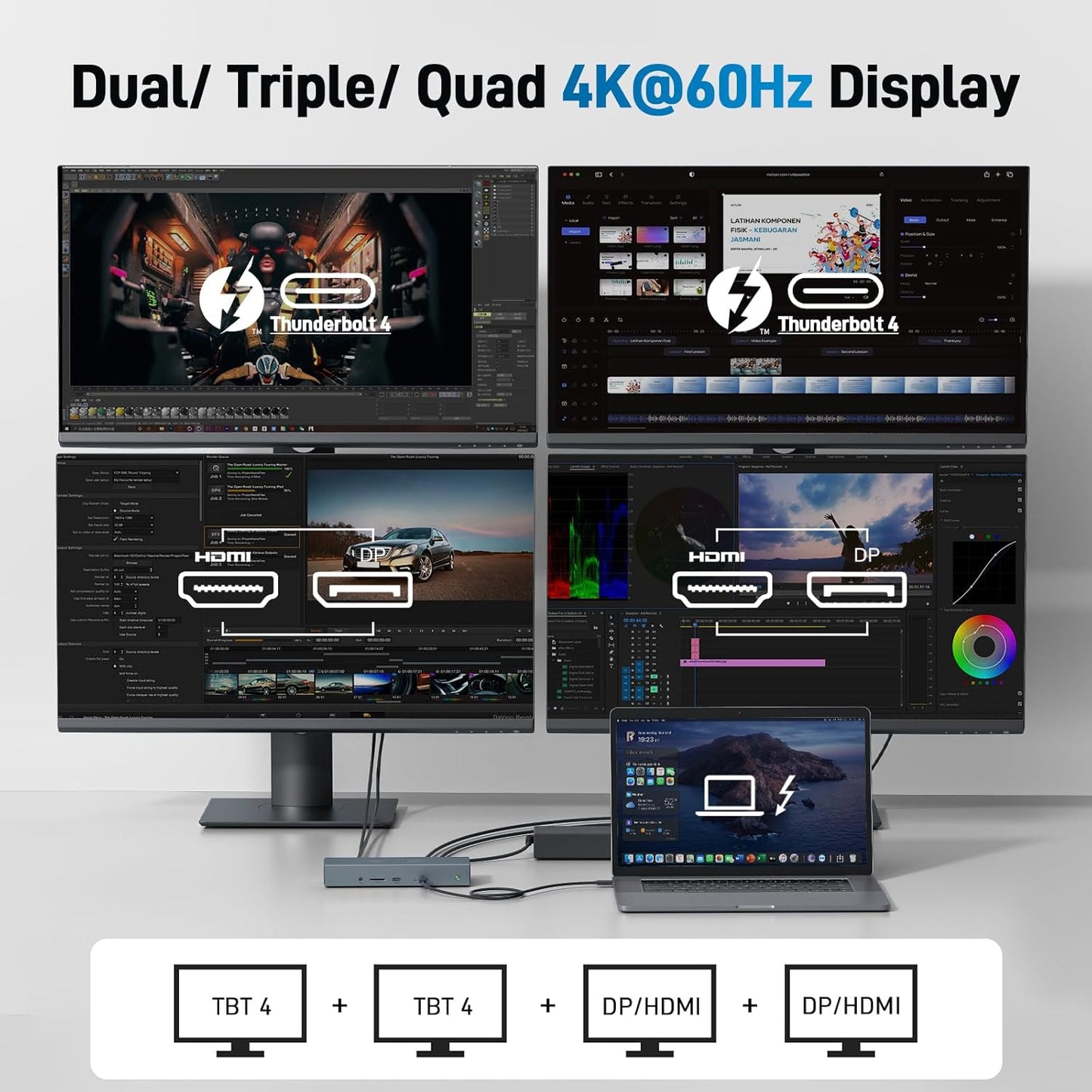 Acer Thunderbolt 4 Dock, 16 in 1 Quad Monitor DisplayLink Docking Station 40Gbps with 8K Display, 10Gbps Data Ports, 160W Power, 2.5G Ethernet, SD 4.0 Card Reader USB C Hub for MacBook, PC, Laptop