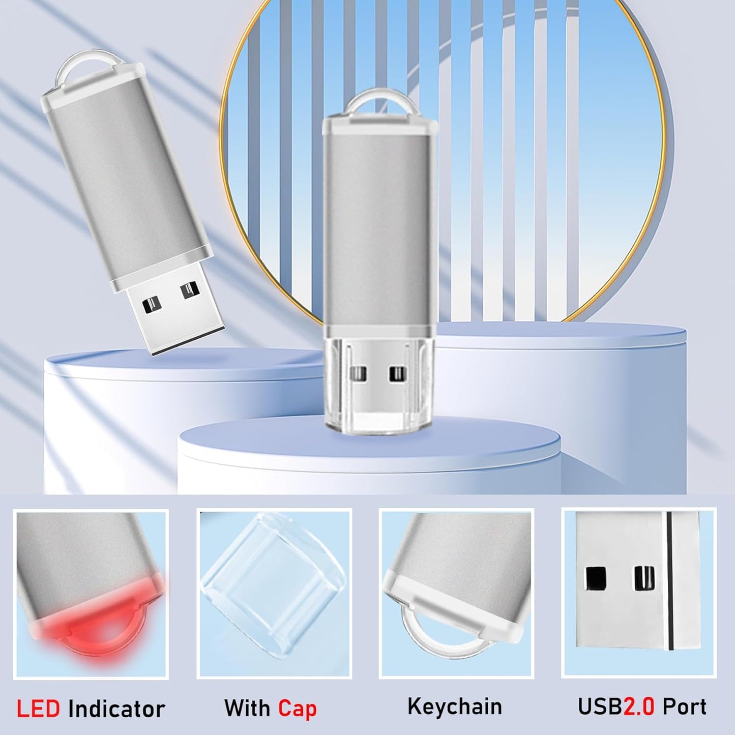 1GB USB Flash Drives 20 Pack, Memorias USB Thumb Drive 2.0 Memory Stick Fat Zip Drive 1 GB Jump Drives Multipack Pendrive with Landards and Lables (Sliver, 1Count 20 Packs)