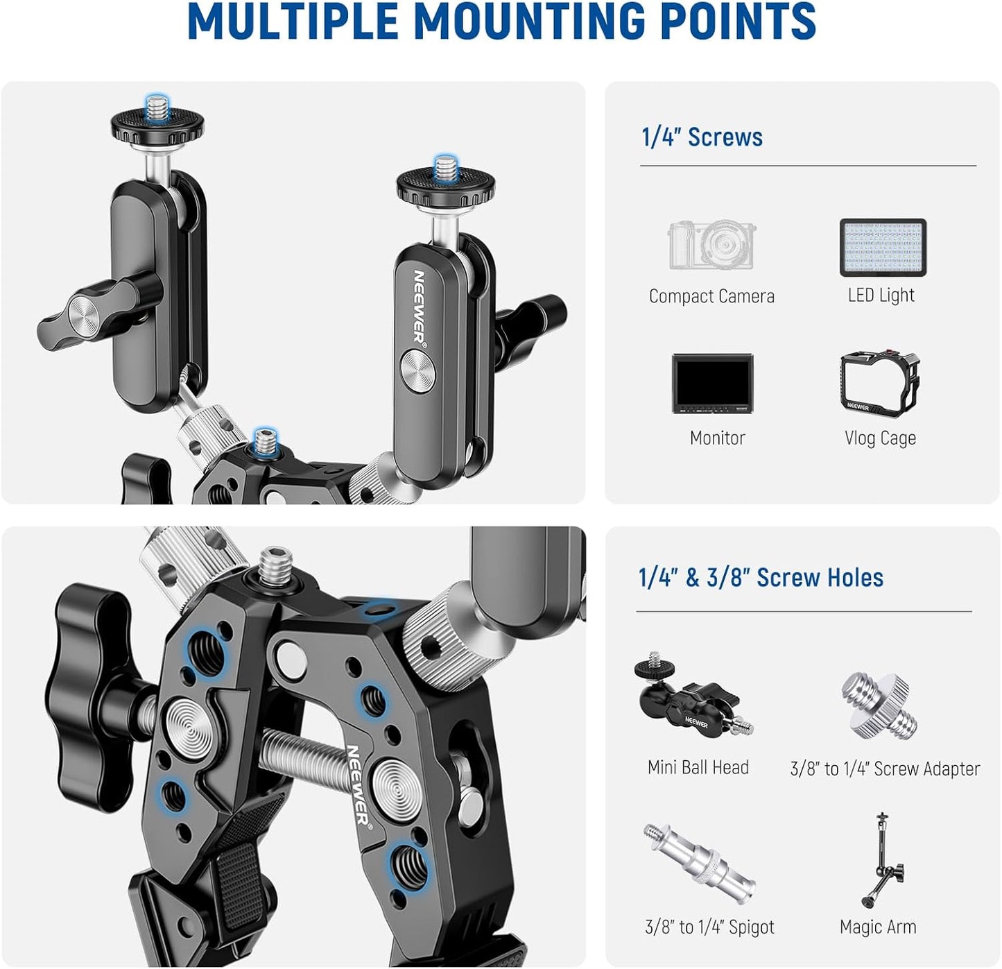NEEWER Heavy Duty Super Clamp with Two 360° Dual Ball Head Magic Arms, 1/4" 3/8" Screw Threads, Phone & Action Camera Mount Adapter for Flat/Round Surface Compatible with GoPro DJI Insta360 DSLR