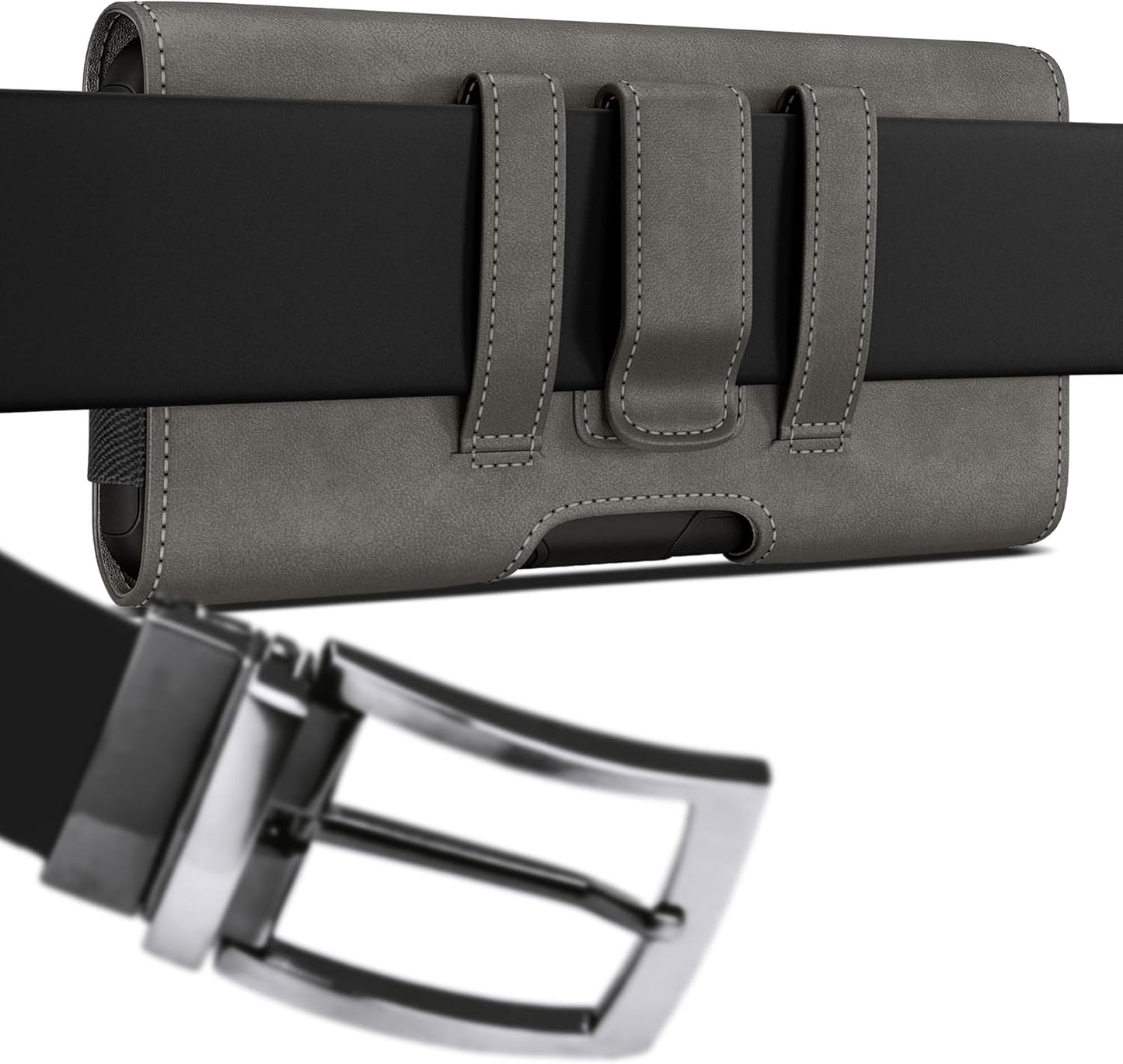 Case for Large iPhone Plus, Pro Max 16 15 14 13 12 11 XS, Samsung Galaxy S25+ S24+ S23+ S22+ S21+, Cell Phone Belt Holster Clip, ID Card Holder Pouch, Fits with Case On, Pewter Large