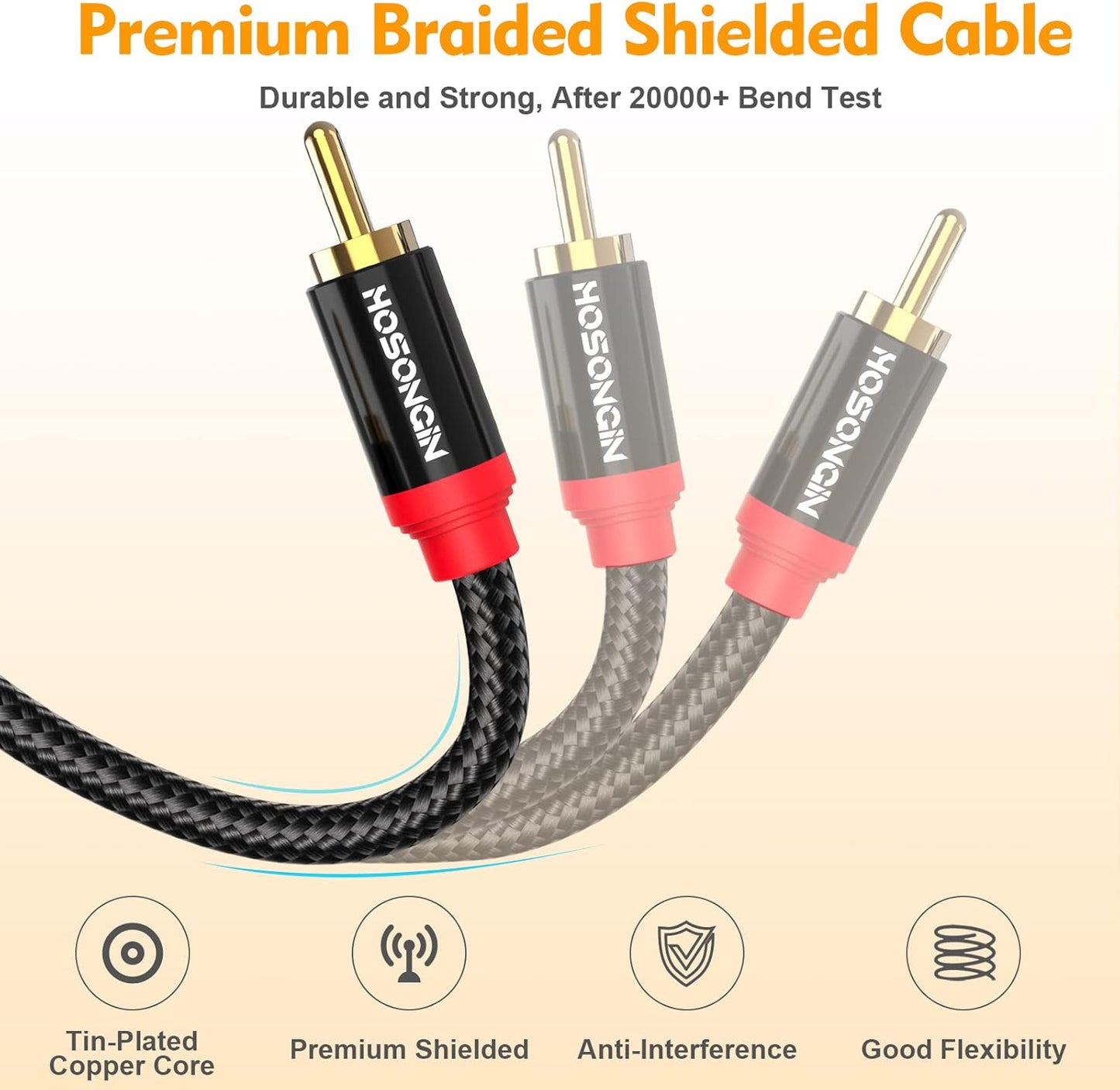 HOSONGIN RCA Cables 6.6ft 2 Pack[Hi-Fi Sound, Nylon Braided, Shielded], 2-Male to 2-Male RCA Audio Stereo Subwoofer Cable Auxiliary Cord for Home Theater, HDTV, Amplifiers, Hi-Fi Systems, Speakers