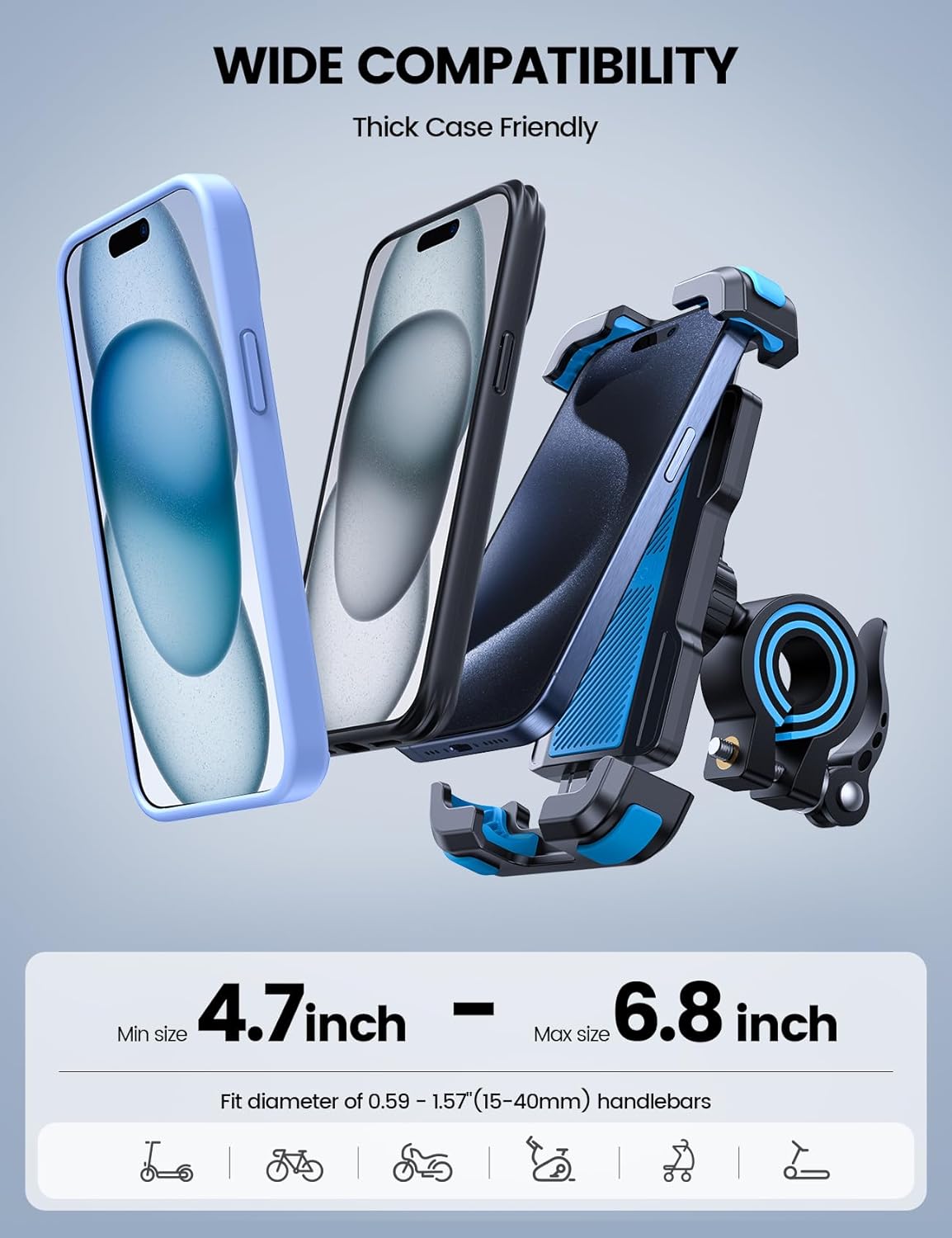 Lamicall Motorcycle Phone Mount, Bike Holder - Upgrade Adjustable Cell Holder, Bicycle Scooter Handlebar Cradle Clip for iPhone 15 Pro Max/Plus, 14, Galaxy S22 and 4.7-6.8" Phone, Blue