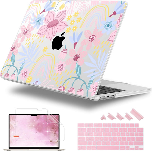 Case for MacBook Air 15 Inch 2025 2024 2023 Release M4 A3241 M3 A3114 M2 A2941, Hard Shell with Screen Protector & Keyboard Cover, Compatible with Touch ID, Florals