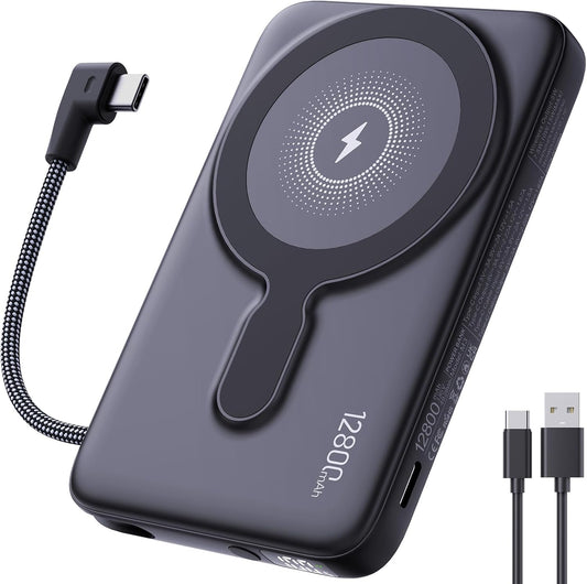 2025 Latest Magnetic Wireless Power Bank, 12800mAh Portable Charger with Built in Cable and Strap, LED Display Magnetic Battery Pack Travel Essential for iPhone 16/15/14/13/12/Pro/Mini/Pro Max Andriod
