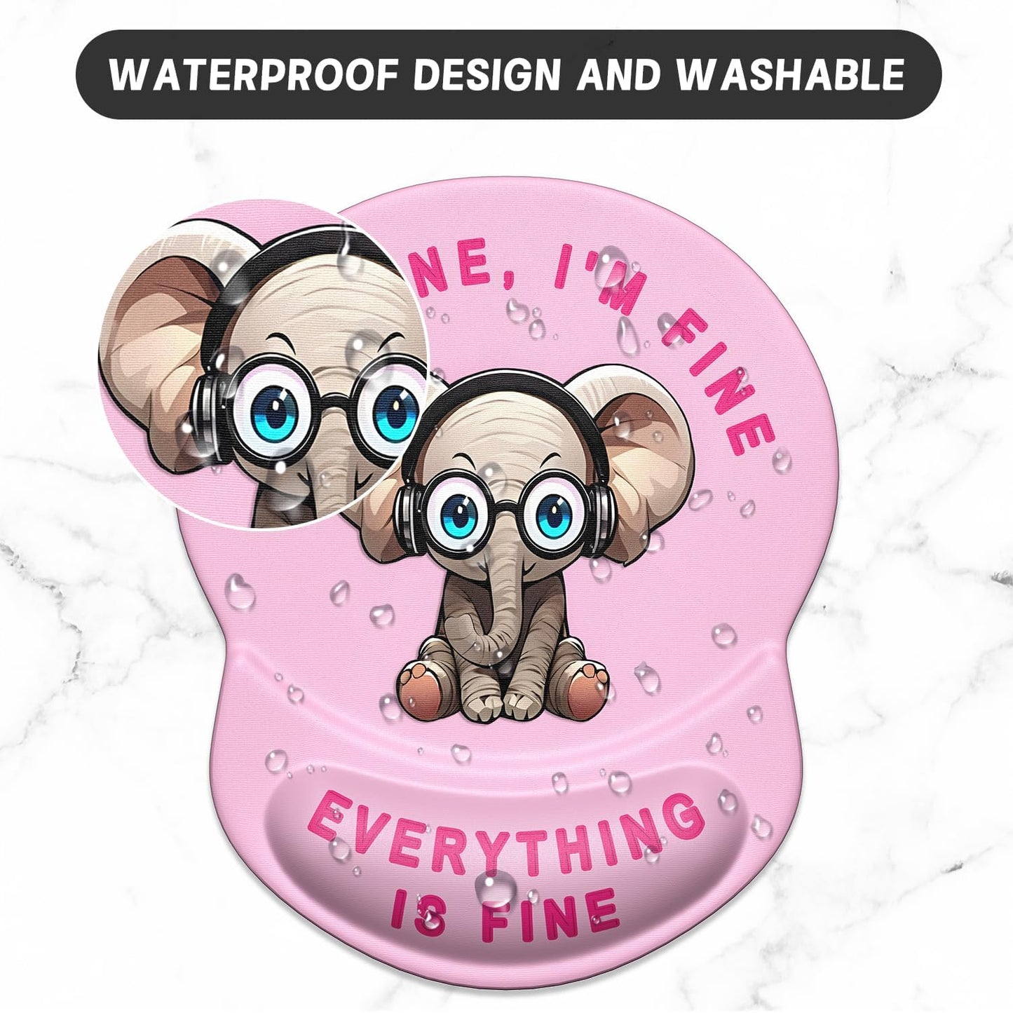 ITNRSIIET Ergonomic Mouse Pad with Gel Wrist Support Small Wrist Rest Smooth Surface Non-Slip PU Base Comfortable Office Supplies Pain Relief, 8.7 x 7.2 inches, Pink Pretty Elephant